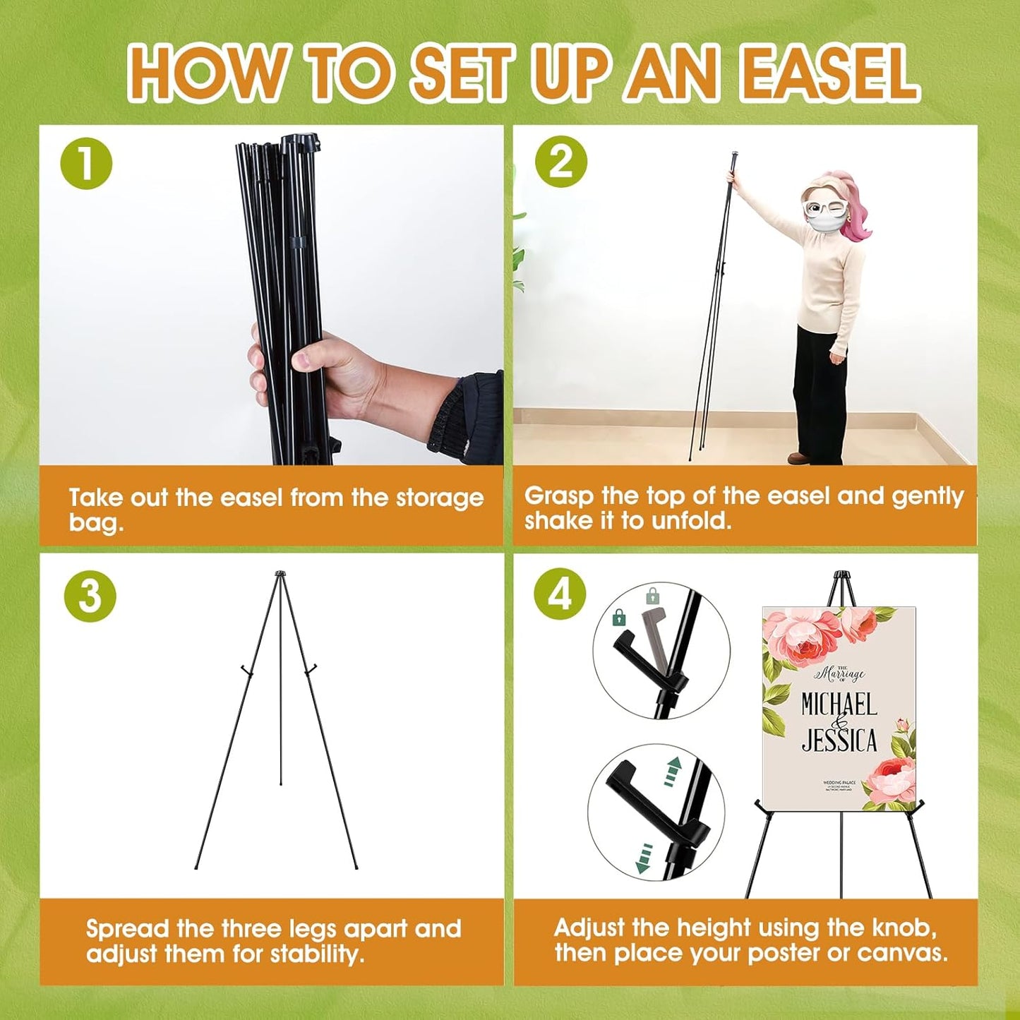 AROIC 63" Easel Stand for Display, 3 Pack Portable Foldable Metal Easel, Easels for Signs Wedding Logos,Arts, Painting,Adjustable Floor Easels with 3 Storage Bag