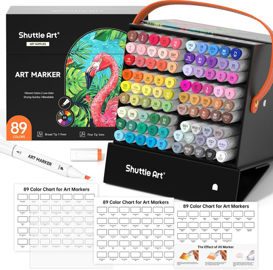 Shuttle Art 89 Colors Alcohol Markers, 88 Colors Dual Tip Art Marker Set Plus 1 Colorless Blender with Marker Case Perfect for Illustration Students Adult Coloring Sketching