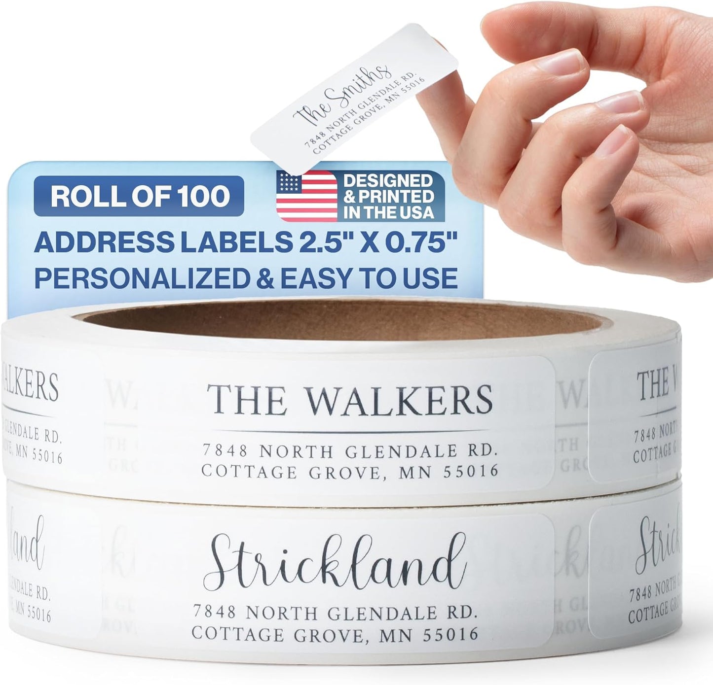 100 Personalized Address Labels - Glossy White Return Address Label 2.5" x 0.75'', Stylish Fonts for Envelopes & Packages, Customizable Labels for Home or Office Use