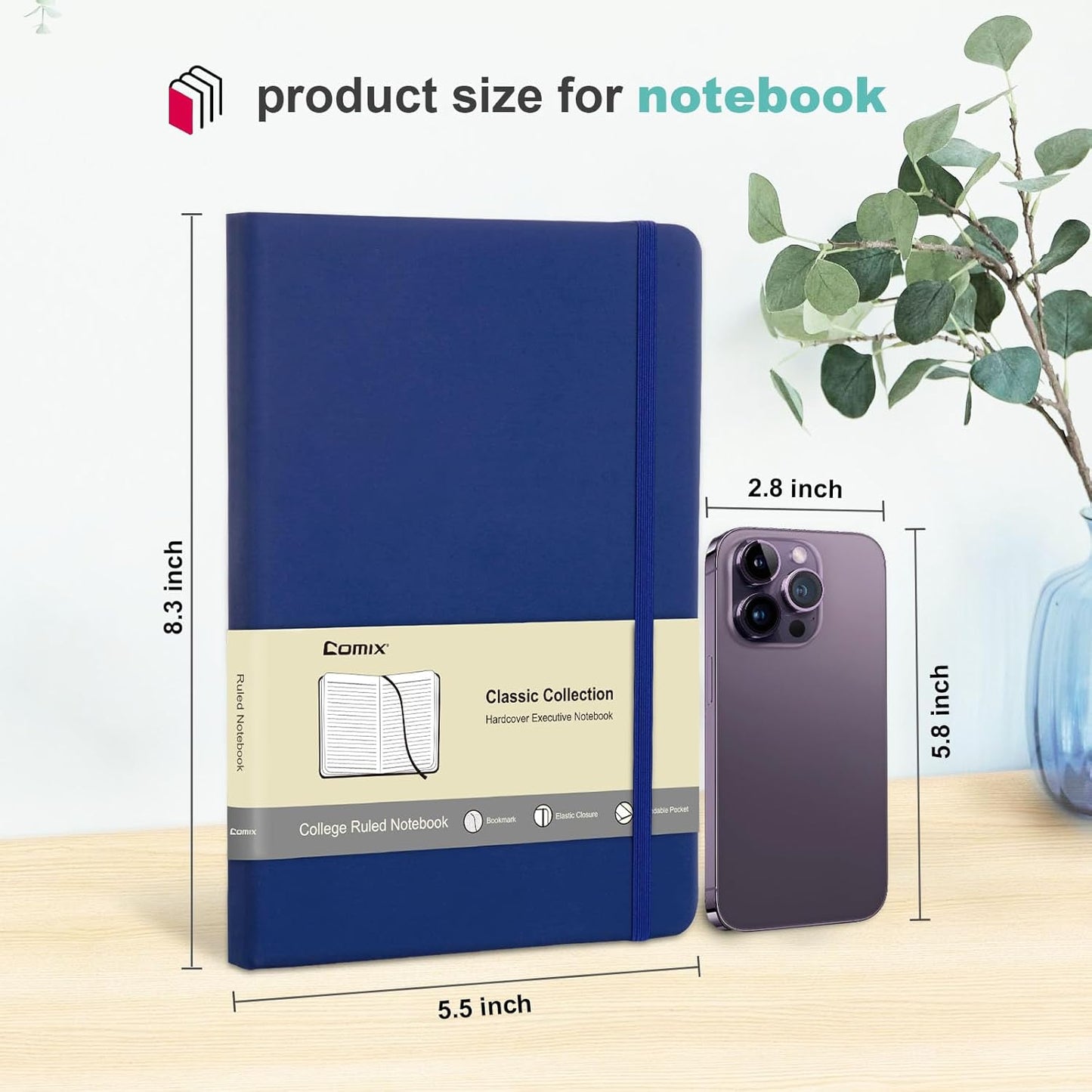 Comix Lined Journal Notebook for Women Men, Journaling Notebooks for Office School Home, 240 Pages, 5.5" x 8.3", College Ruled, A5, Hardcover, Navy Blue