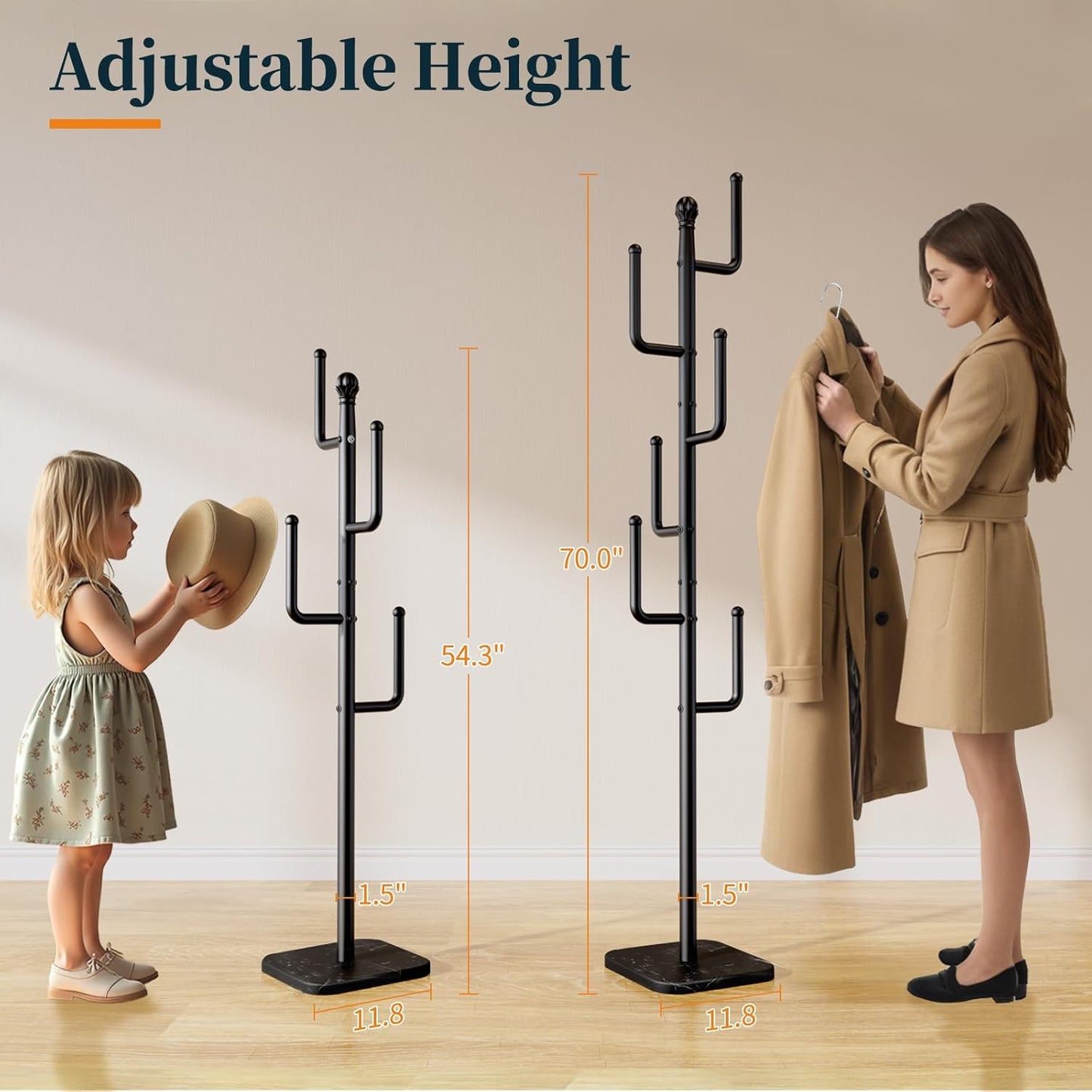 Yoobure Coat Rack Freestanding with Natural Marble Base - Cactus Coat Tree with 6 L-shaped Hooks, Heavy Duty Coat Hanger Stand, Metal Coat Rack Stand for Entryway, Hall Tree for Jacket/Hat/Clothes/Bag