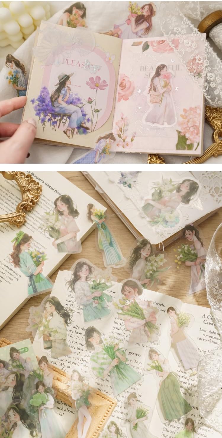 Alideco 120pcs Scrapbook Stickers Kawaii Fresh Sweet Girls People Journaling Scrapbooking Junk Journal Crafts Embelishment Decoration Diary Stickers（huaerzilianqu）