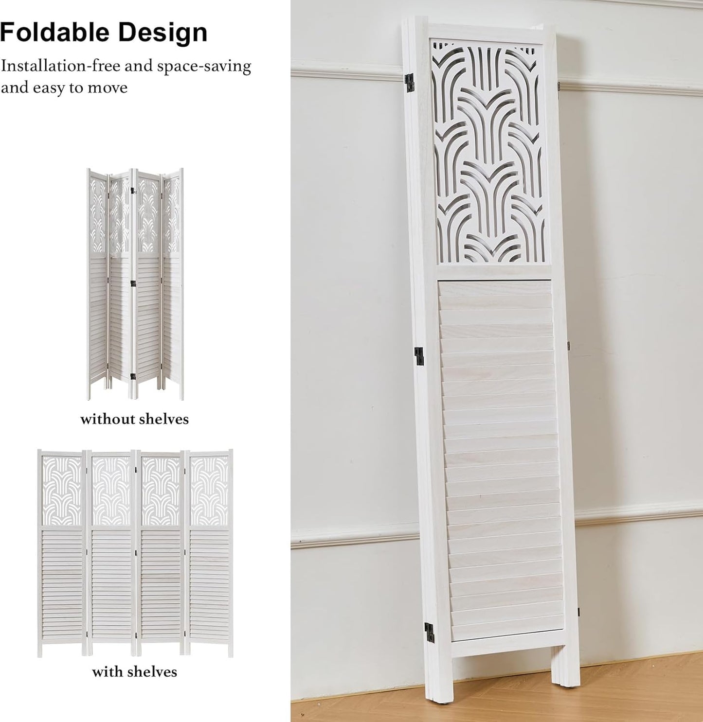 Folding Room Divider, 66.9 Inch 4 Panels Wood Carved Privacy Screens, Free Assembled Freestanding Portable Separation Wall for Home Office Restaurant Bedroom (White)