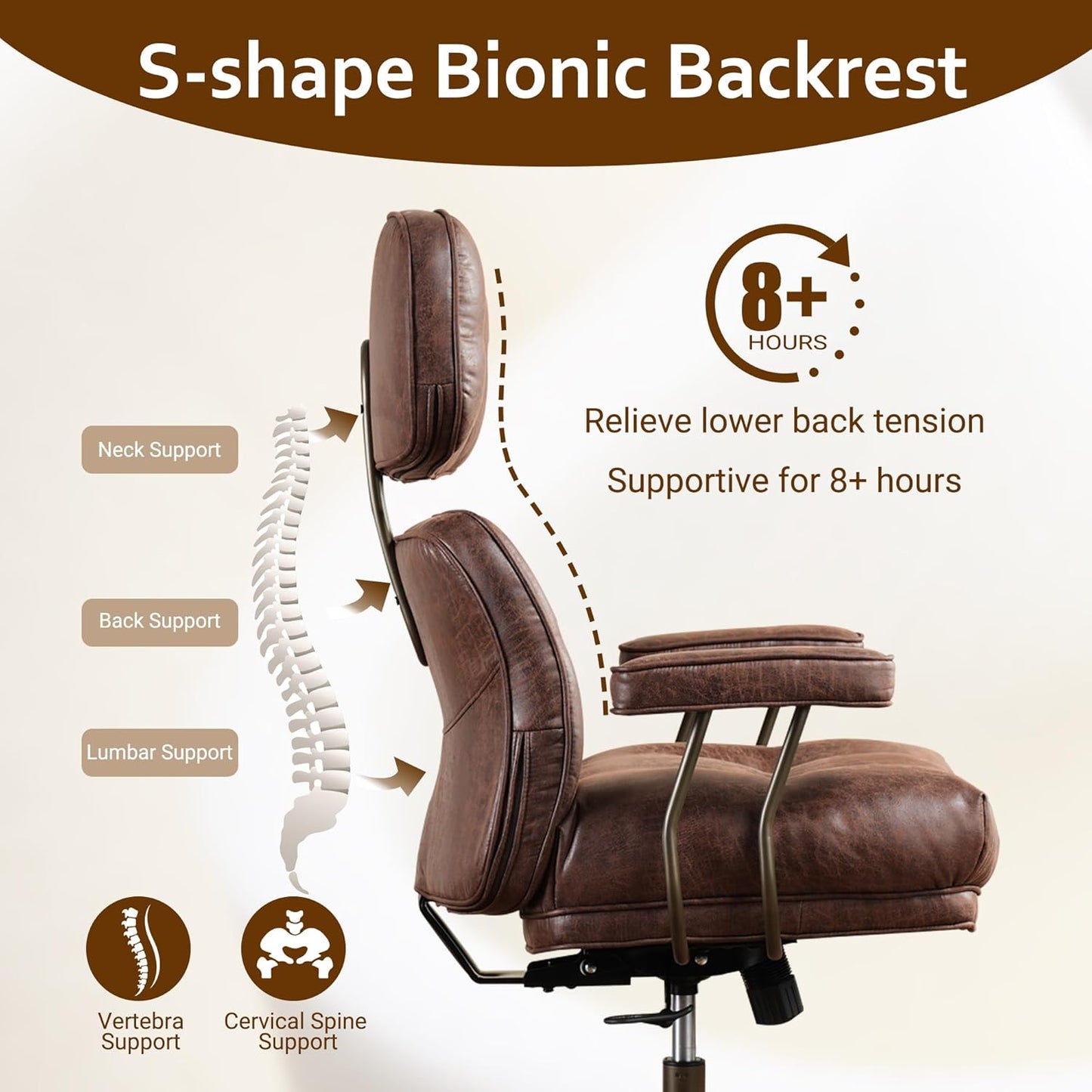Faux Leather Executive Office Chair - Big and Tall Ergonomic Home Office Chair,Reclining Computer Desk Chair w/Lumbar Support,Adjustable Task Chair Swivel Rolling Chair with Wheels,Dark Brown,Suede