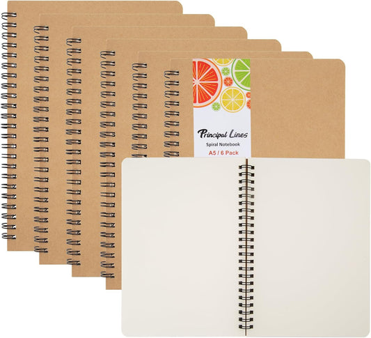 6 Pack Unlined Spiral Notebook for Work - A5 Blank Journals Note Books Bulk for School - Soft Cover Sketchbooks for Drawing Writing, Office Supplies, 60 Sheets/120 Pages,8.2" X 5.8"