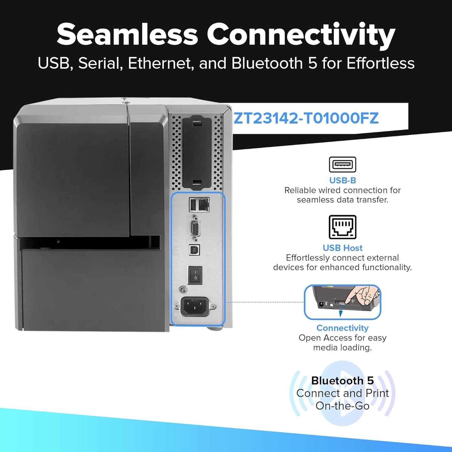 Zebra ZT231 (Zebra ZT230 Replacement) | Thermal Transfer & Direct Thermal 203 DPI | ZT23142-T01000FZ | USB, Serial, Ethernet, Bluetooth Connectivity, Tear Bar