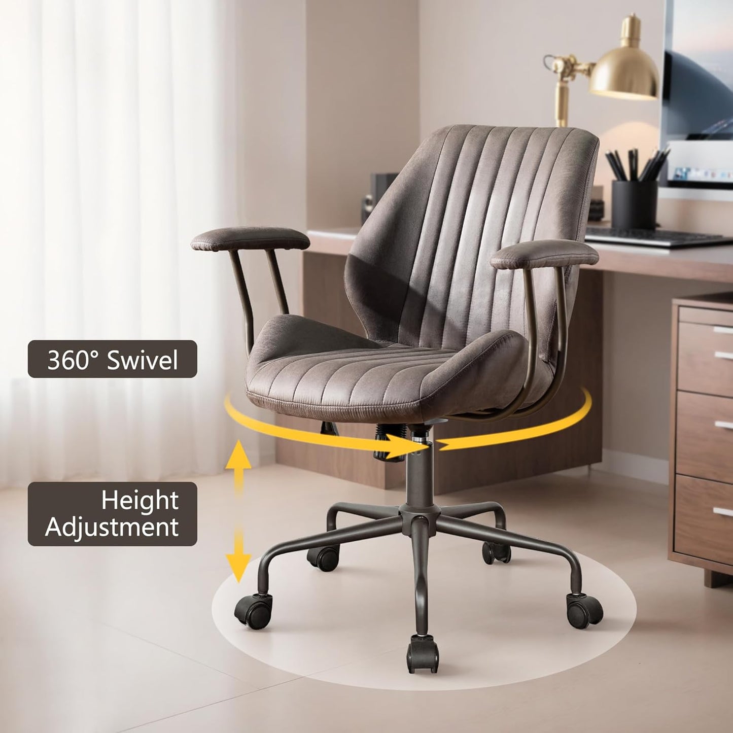Mid Century Modren Office Chair - Mid Back Swivel Executive Chair with Lumbar Support,Ergonomic Computer Desk Chair with Wheels,Faux Lether Suede Task Chair,350lbs (Grey, Mid Back)