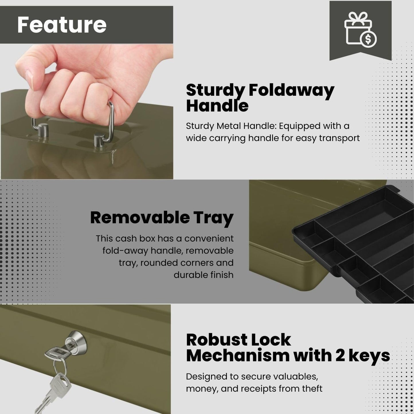 Flexzion Cash Box with Money Tray and Lock - Metal Cash Box for Small Businesses, 9-Compartment Green Money Box with Removable Tray and Key, Portable Storage for Checks and Coins