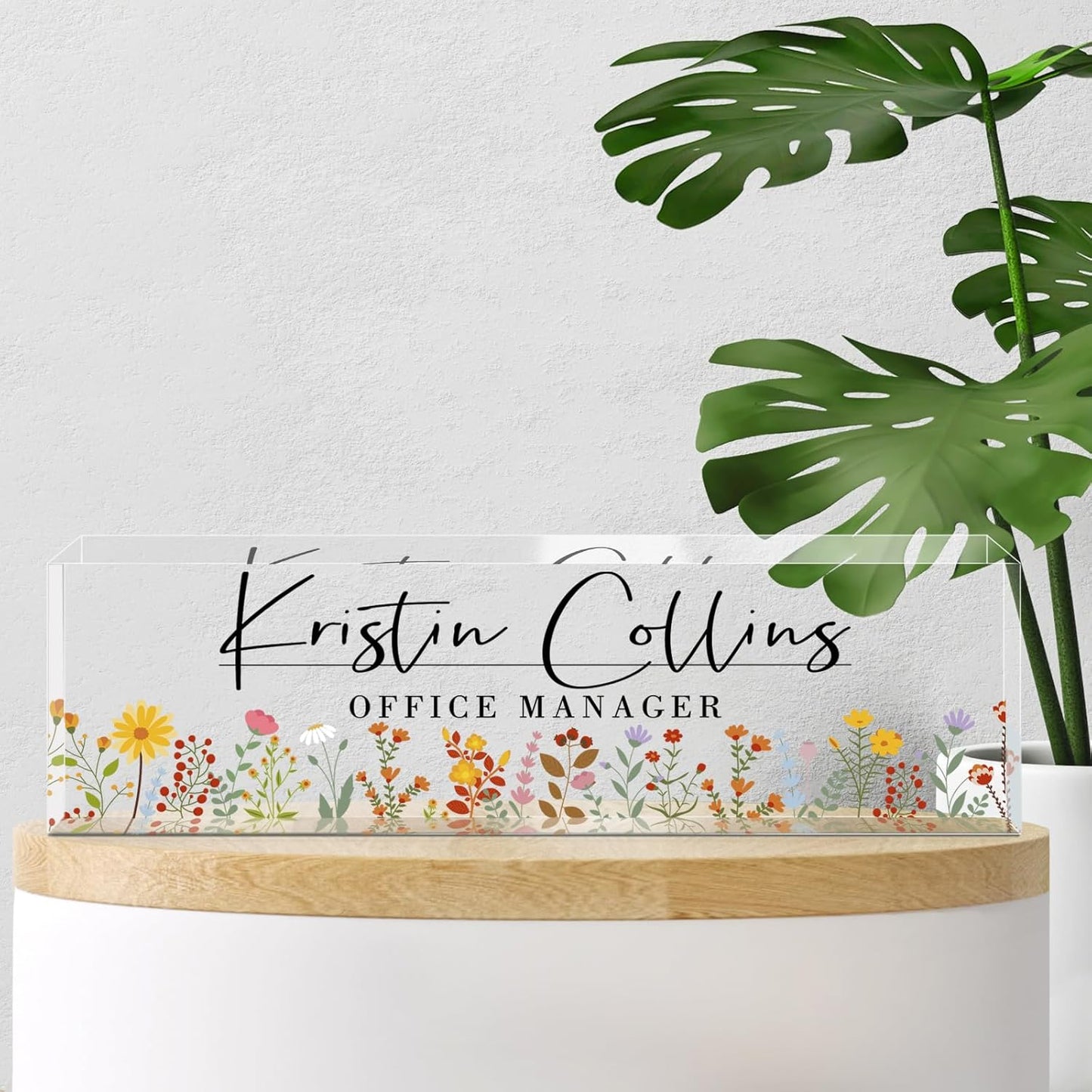Custom Name Plate for Desk, Acrylic Office Decor For Women Men, Personalized Office Desk Accessories, Teacher Employee Appreciation Gifts For Social Worker Boss Coworkers (Flowers-1)