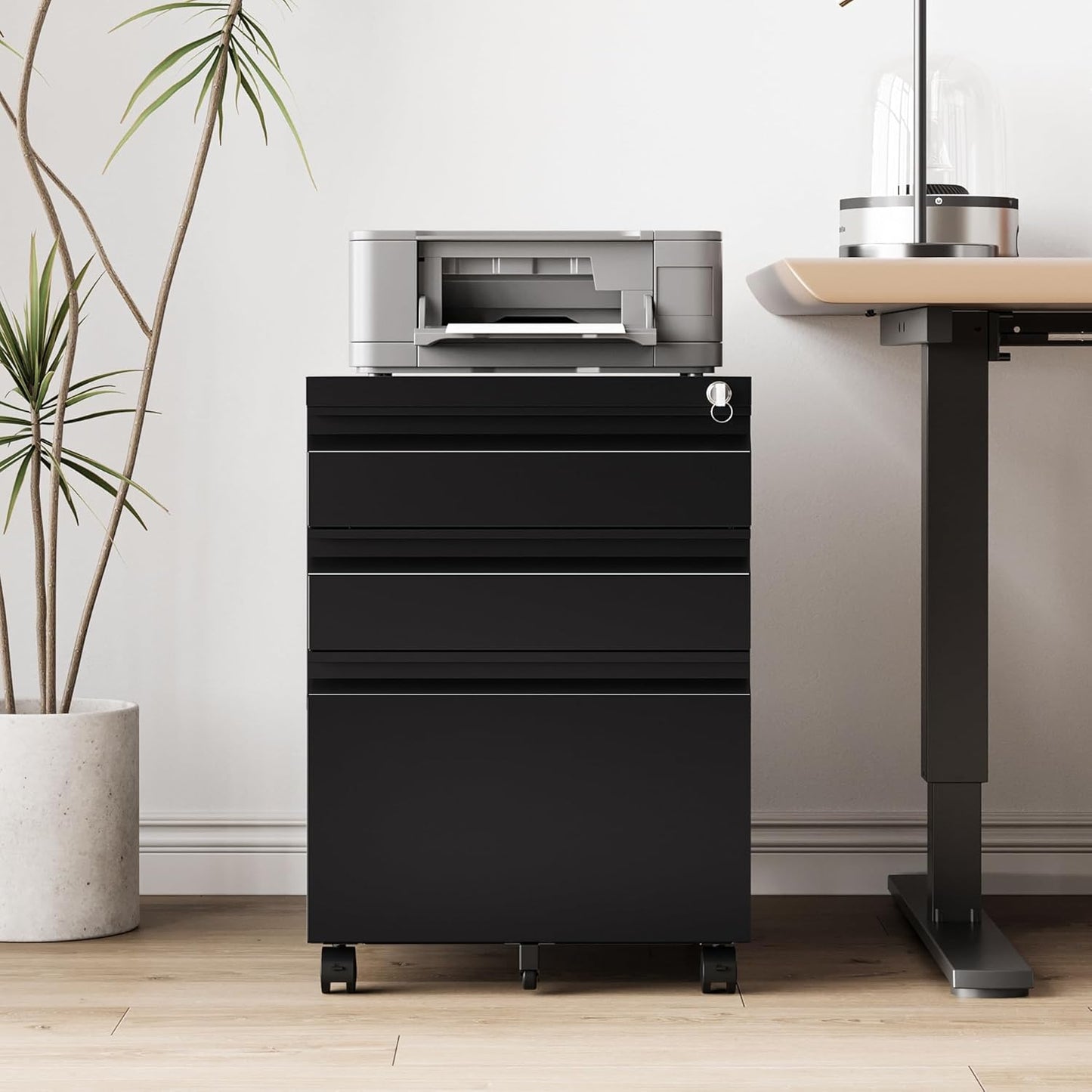 3 Drawer File Cabinet，Mobile Filing Cabinet with Lock and Wheels，Fully Assembled Metal Under Desk File Cabinets for A4/Letter/Legal Size（Black