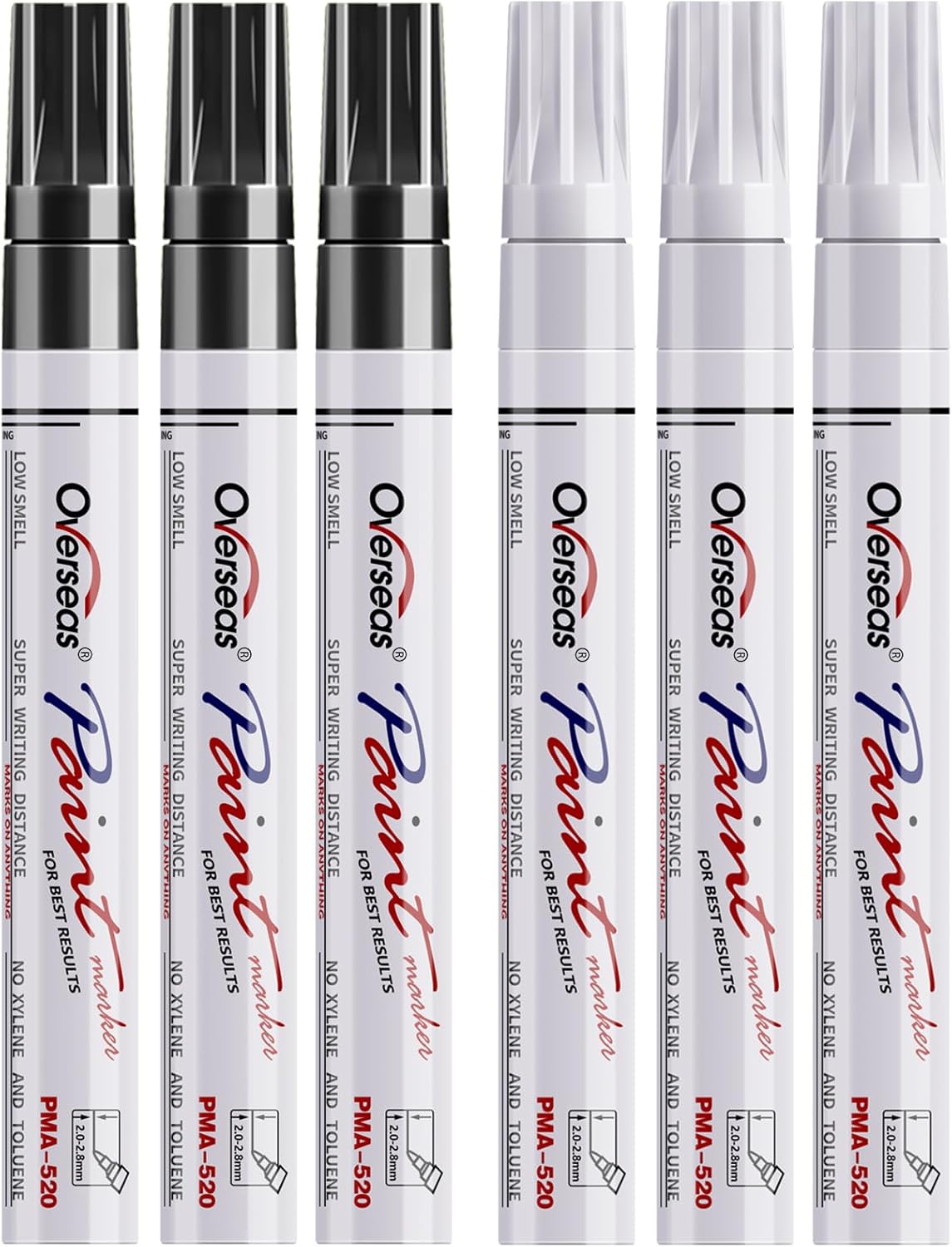 Overseas White and Black Paint Pens, 6 Pack Oil Based Permanent Markers - Medium Tip, Quick Dry and Waterproof Paint Markers for Rock, Wood, Metal, Plastic, Canvas, Glass, Ceramics, Rubber, Stone