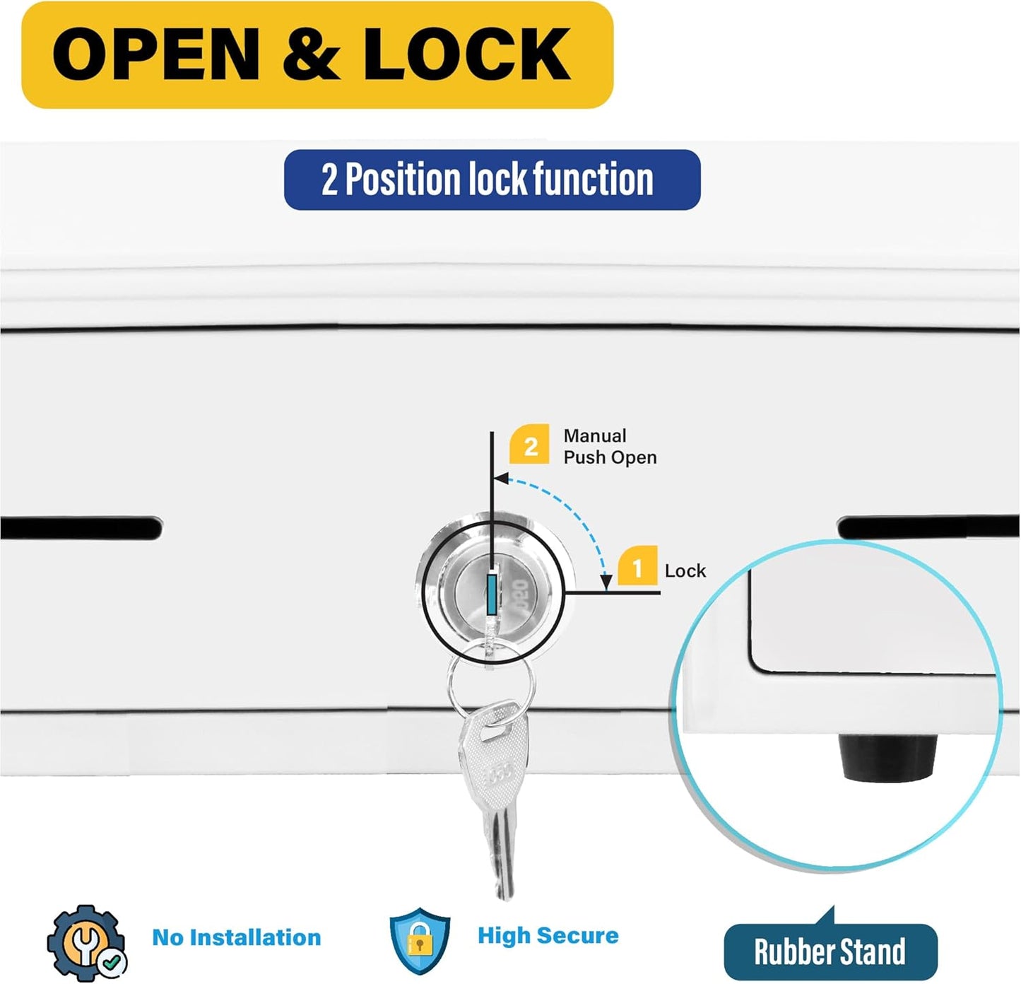 HK SYSTEMS 13inch Heavy Duty Manual Push-Open Cash Drawer with 4Bill/5Coin, Removable Till, "Stainless Steel Front" with Single Large Media Slot,White