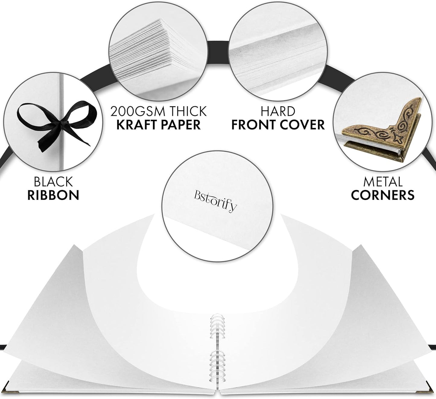 Bstorify Square Scrapbook Photo Albums 50 Pages (28 x 22 cm) White Thick Paper, Hardcover, Metal Corners, Ribbon Closure - Ideal for Your Scrapbooking Albums, Art & Craft Projects