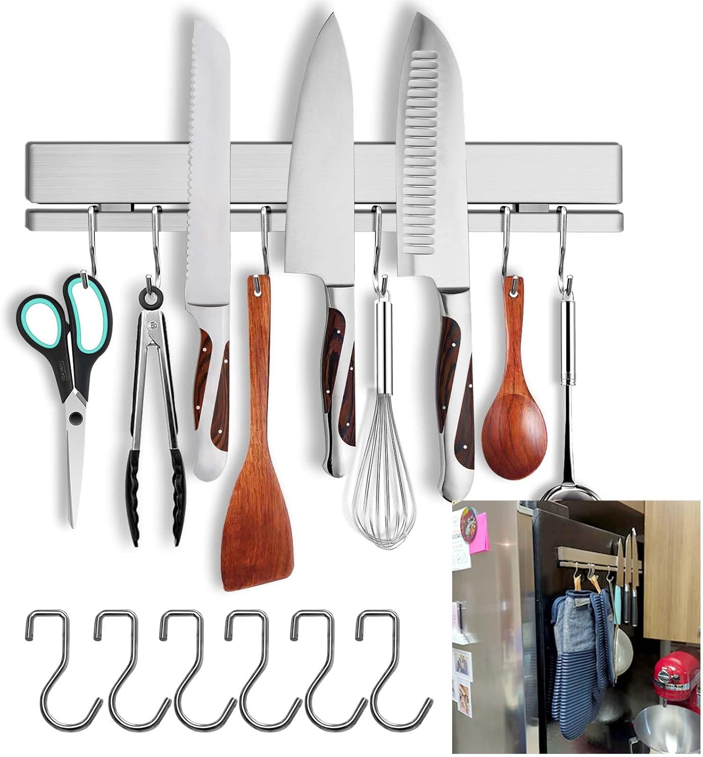 12 Inch Magnetic Knife Holder for Refrigerator with 6 Hooks - Double Sided Magnetic Knife Strip for Fridge - Premium Magnetic Knife Bar Rack - 304 Stainless Steel Kitchen Utensil Hanger