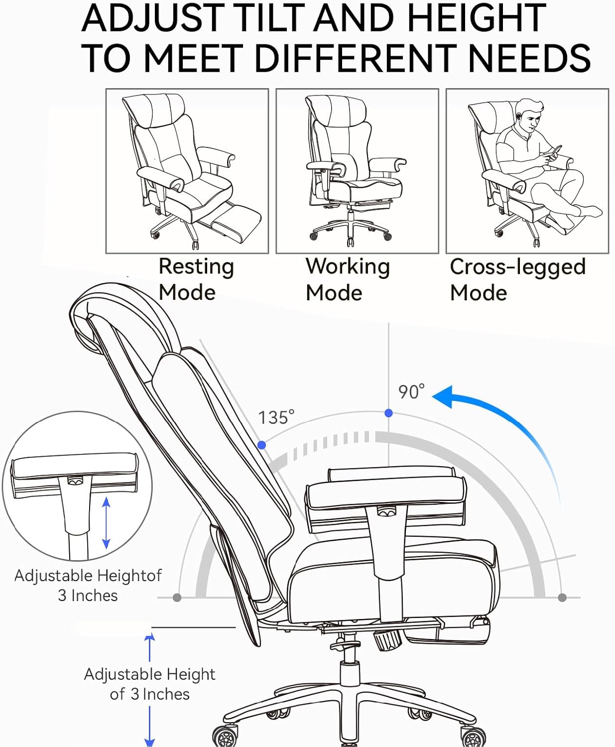 Efomao Big and Tall Ergonomic Office Chair 450LBS with Foot Rest, High Back PU Leather Executive Chair with Adjustable Padded Armrests, Lumbar Support for Home or Work, Heavy Duty Computer Chair, Pink
