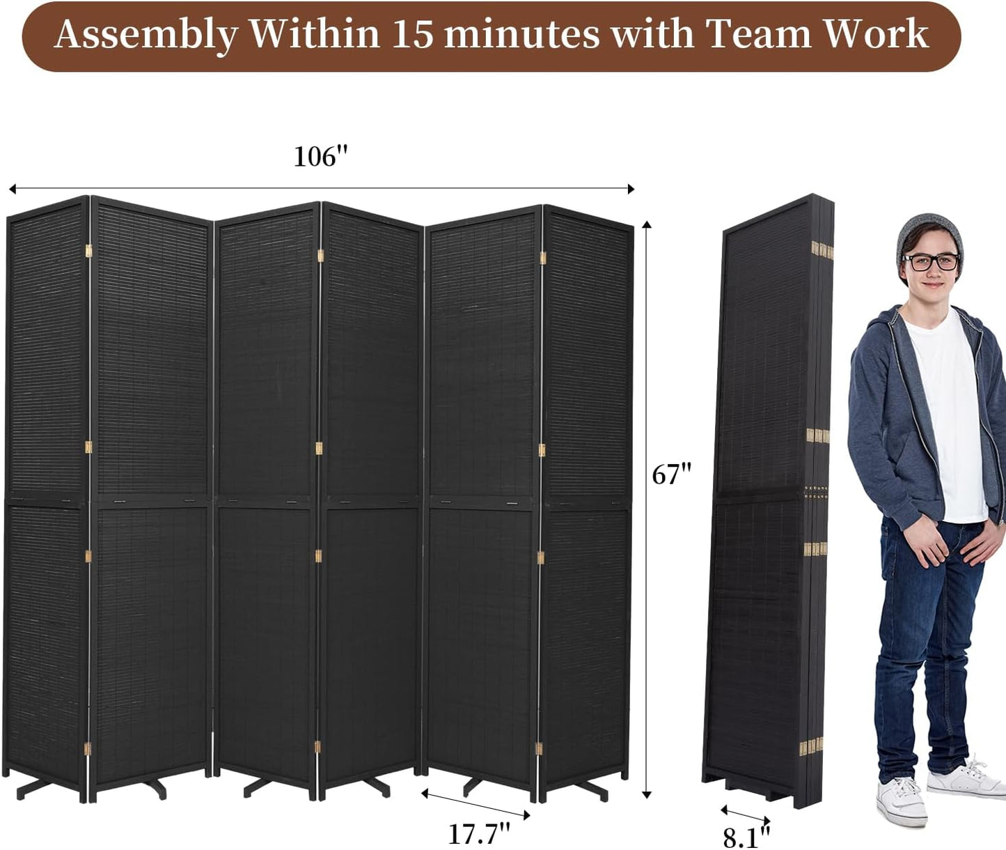 Bamboo Room Divider 6 Panel Wall Divider, 106'' W x 67'' H Folding Design with Extra Stable Base, 100% Bamboo Room Divider Screen for Room Separation, Chinese Room Partitions and Dividers Freestanding