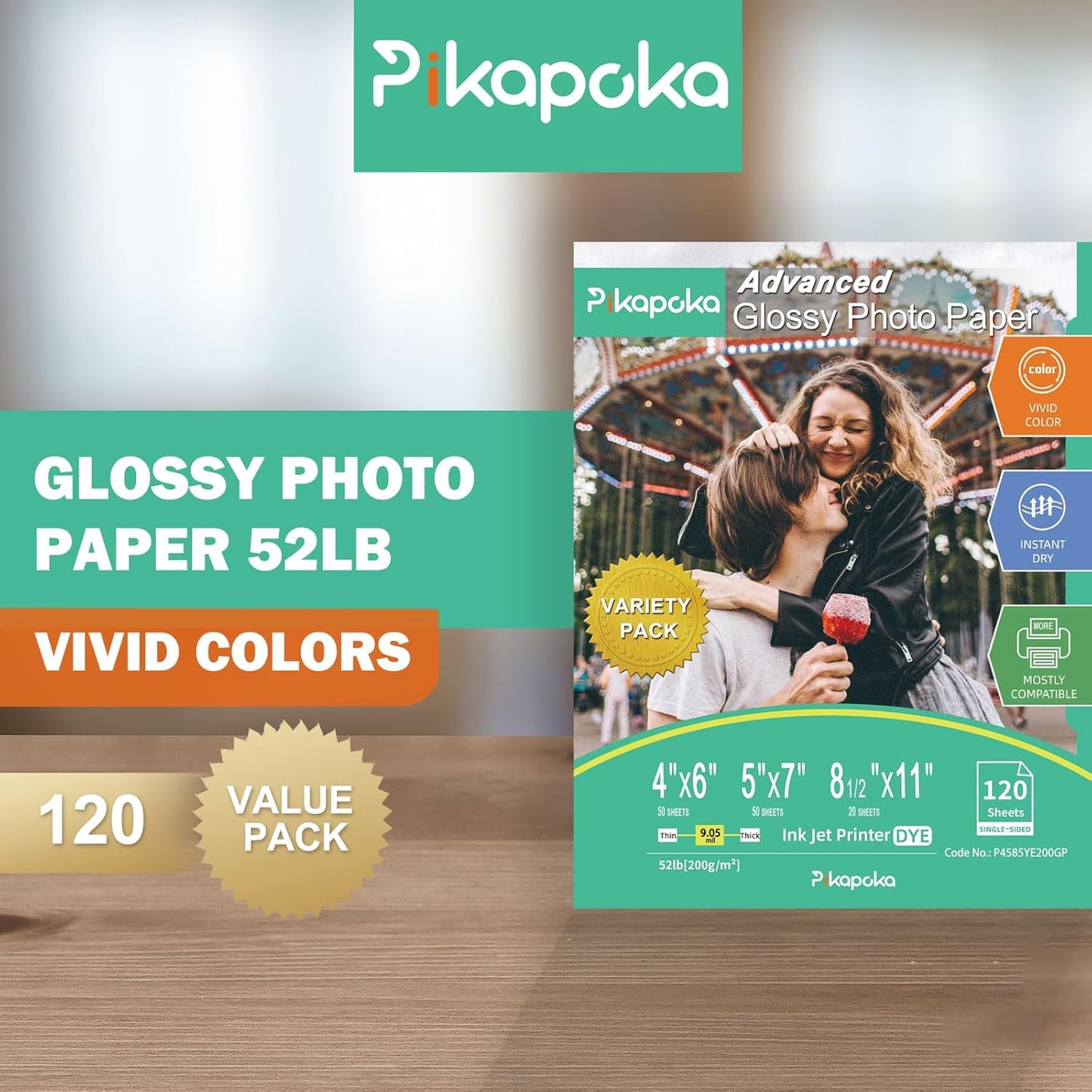 Glossy Photo Paper 4x6, 5x7, 8.5x11, 120 Variety Pack Bulk, Assorted Sizes, Inkjet printer, 52lb/200gsm