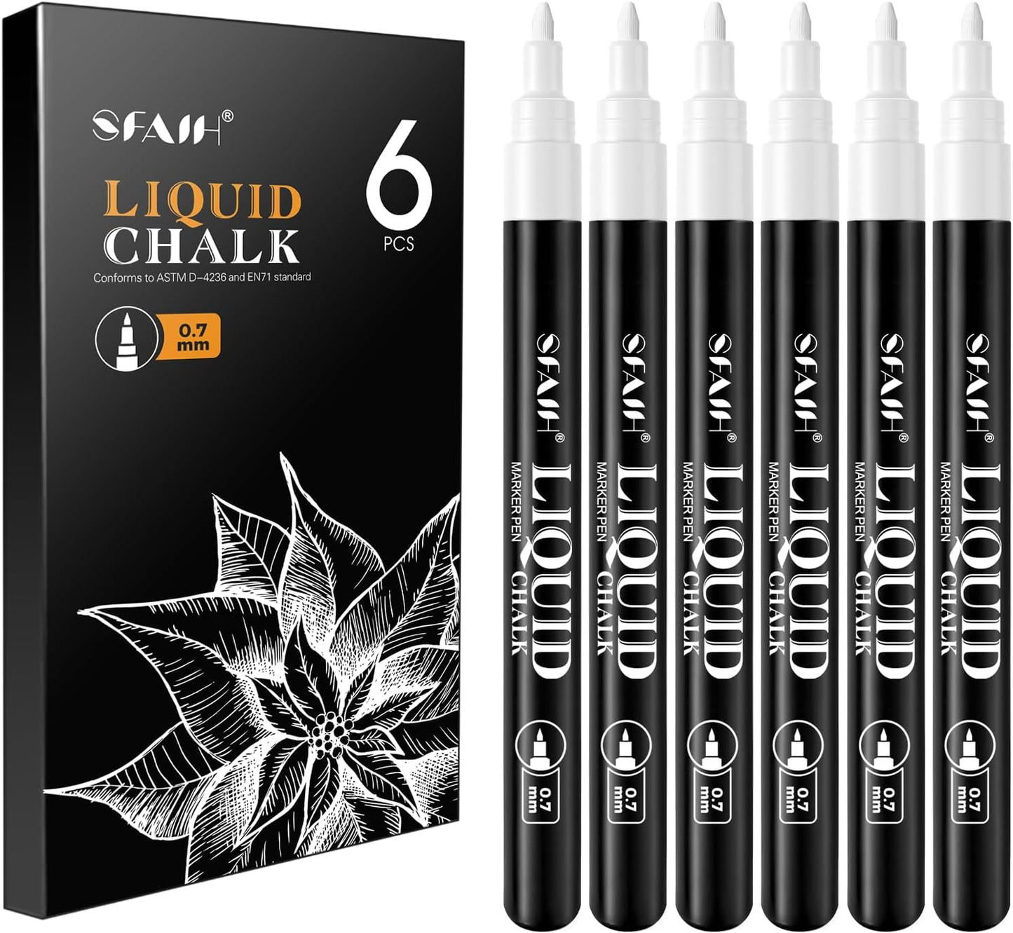 SFAIH White Liquid Chalk Markers - 6 Pack 0.7mm Fine Tip Wet Erase Chalkboard Markers for Signs, Windows, Glass, Chalk Pens with 20 Chalkboard Labels, Non Toxic