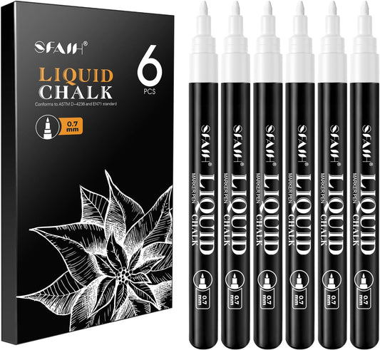SFAIH White Liquid Chalk Markers - 6 Pack 0.7mm Fine Tip Wet Erase Chalkboard Markers for Signs, Windows, Glass, Chalk Pens with 20 Chalkboard Labels, Non Toxic