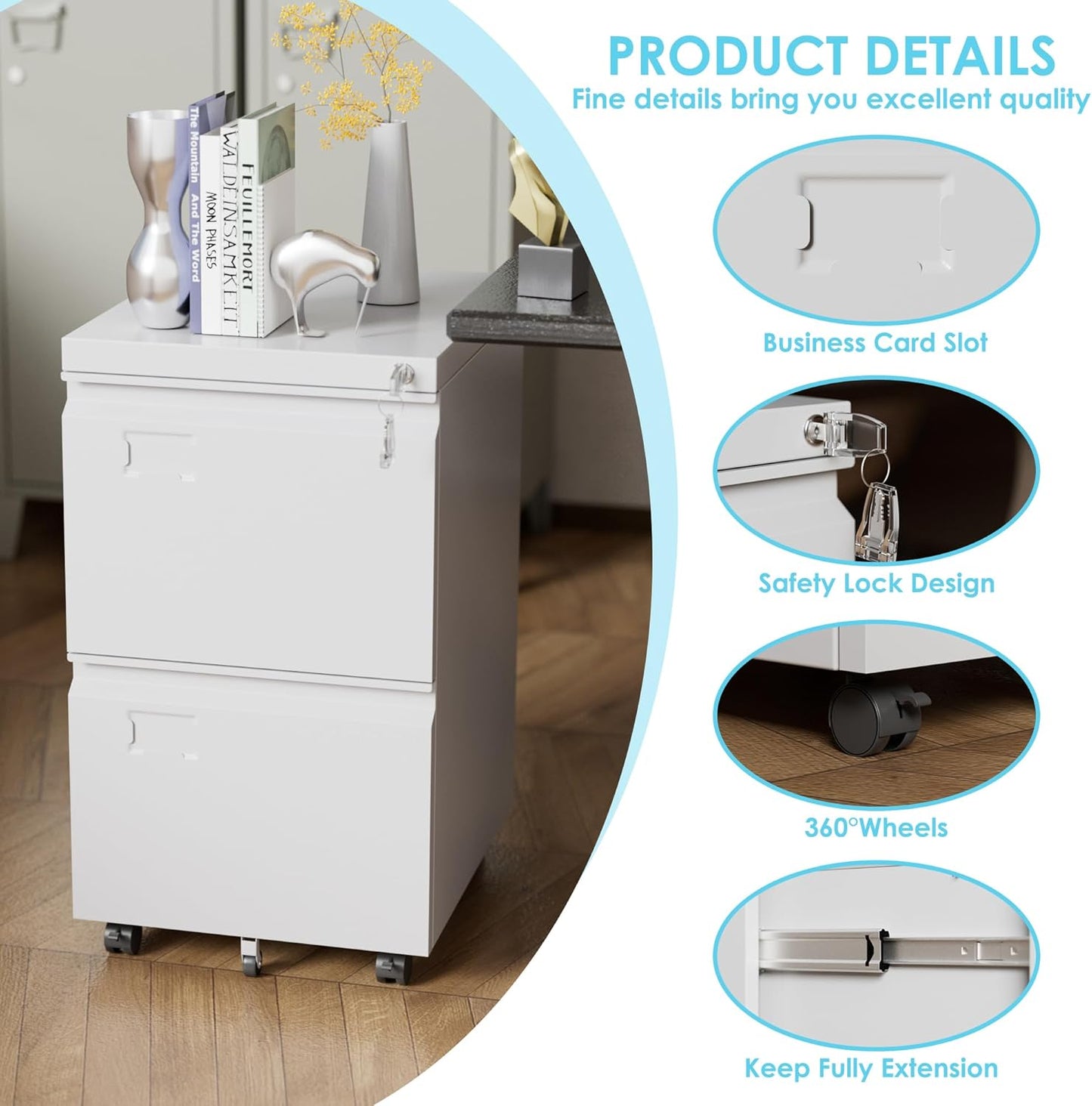 Aobabo 2 Drawer File Cabinet, Lockable Metal Filing Cabinet with Wheels for Home Office, Legal/Letter Size, Required Assembled,White