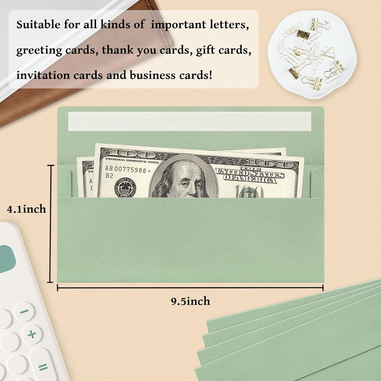 50 Pack #10 Business Envelopes, Sage Green Standard Envelopes Self Seal, Letter Size Mailing Envelopes for Checks Letters Invoices Statements Birthday Graduation Wedding, 4 1/8 x 9 1/2 Inch