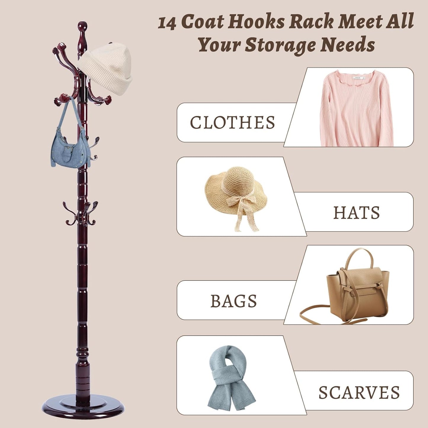 Wooden Coat Rack Freestanding with Resin Hooks, Adjustable Heavy Duty Stand for Hanging Coats, Bags, Hats, and Umbrellas in Living Room, Bedroom, Entryway (Rosewood-Ruyi Hook)