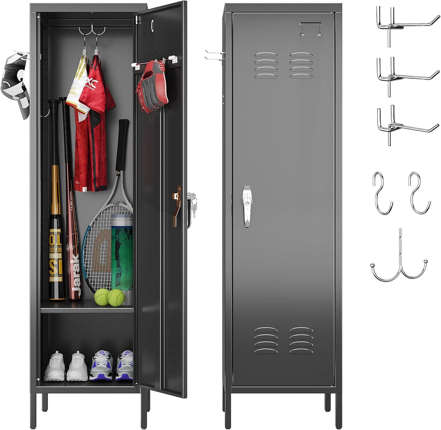 Aobabo Metal Storage Locker with Handle Lock, 54" H Steel Locker with Metal Hooks and Adjustable Shelf for School, Home, Office, Playroom, Assembly Required, Black