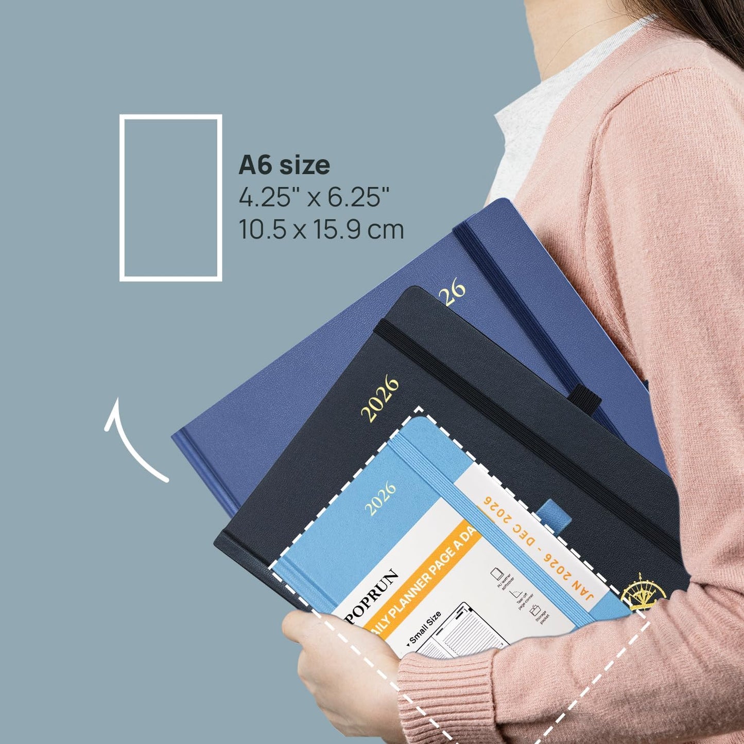 POPRUN 2026 Daily Planner One Page Per Day A6 Size Calendar (4.25" x 6.25") - 12 Months Hourly Appointment Book with Hardcover, Monthly Tabs, Pocket, Pen Holder - Navy Blue