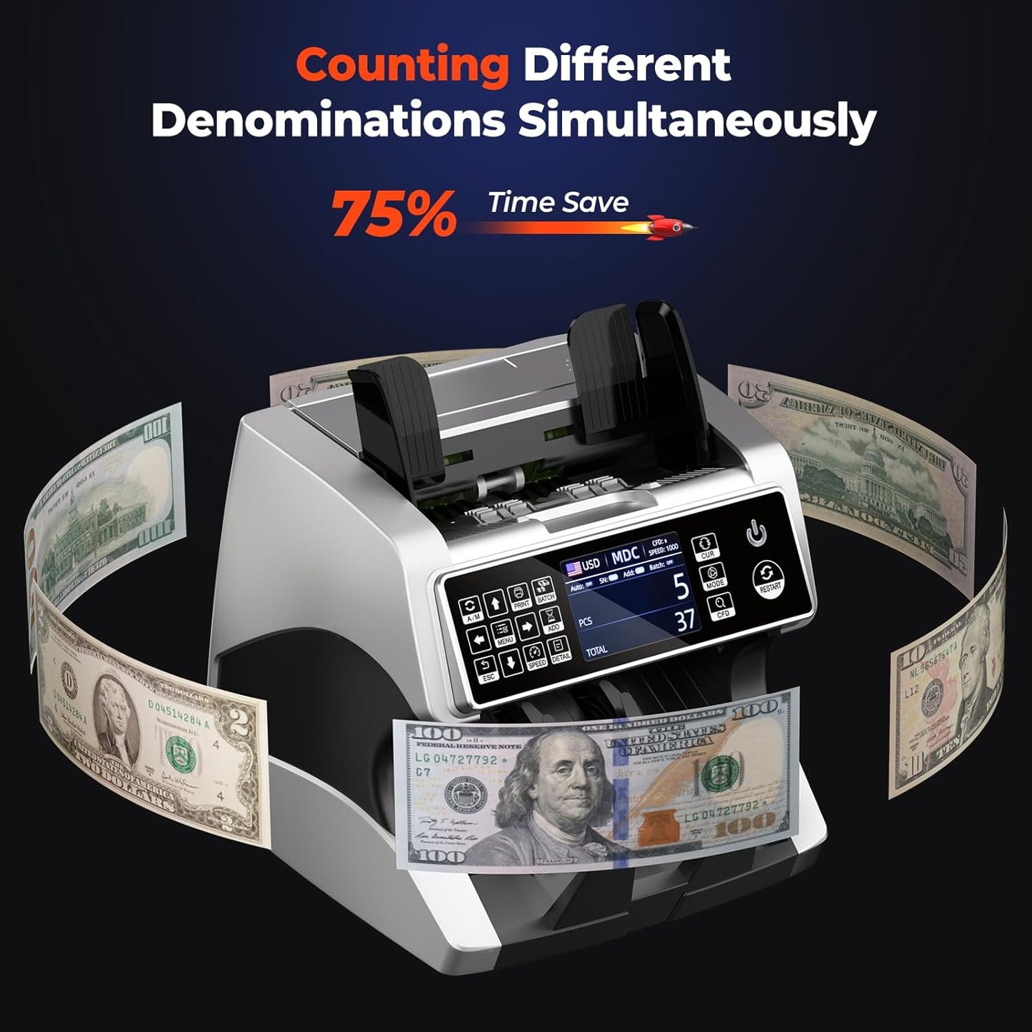 MUNBYN IMC01 Bank Grade Money Counter Machine Mixed Denomination, 2CIS/UV/IR/MG/MT Counterfeit Detection, Serial Number, MUL Currency Cash Counter, Printer Compatible, 2Y Warranty (Silver)