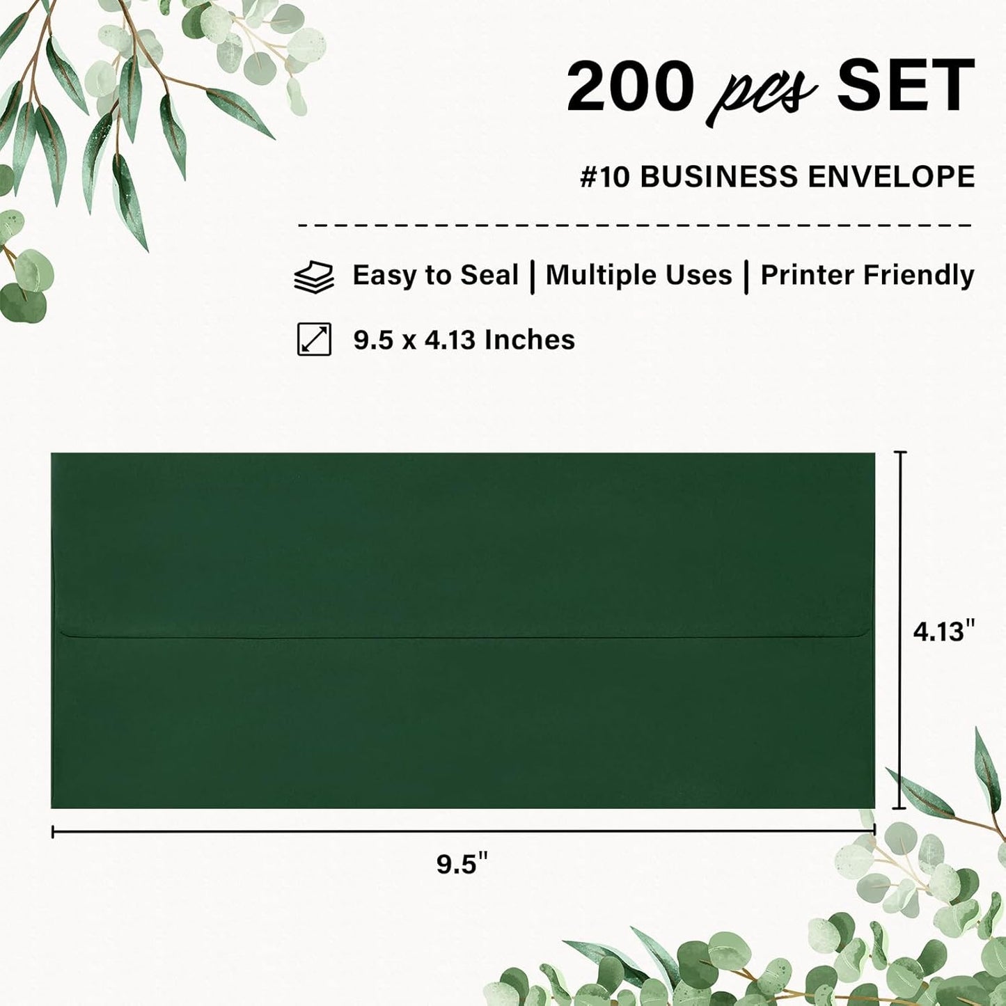 200 Pack #10 Business Envelopes, Self Seal Standard Christmas Dark Green Envelopes for Secure Business & Legal Mailing, Office, Checks, Letter, Invoices, 4 1/8 x 9 1/2 Inches