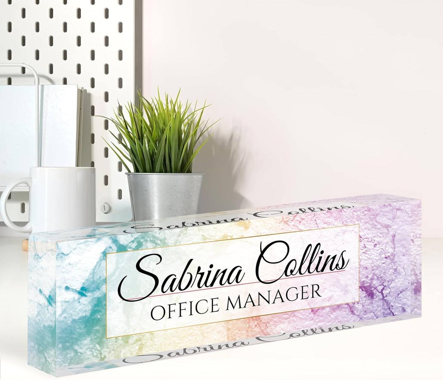 Name Plate for Desk, Desk Name Plate Personalized, Office Decor for Women Men, Acrylic Desktop Accessories, Office Appreciation Gifts for Boss Social Workers Nurse Teacher Employee (Colorful Marble)