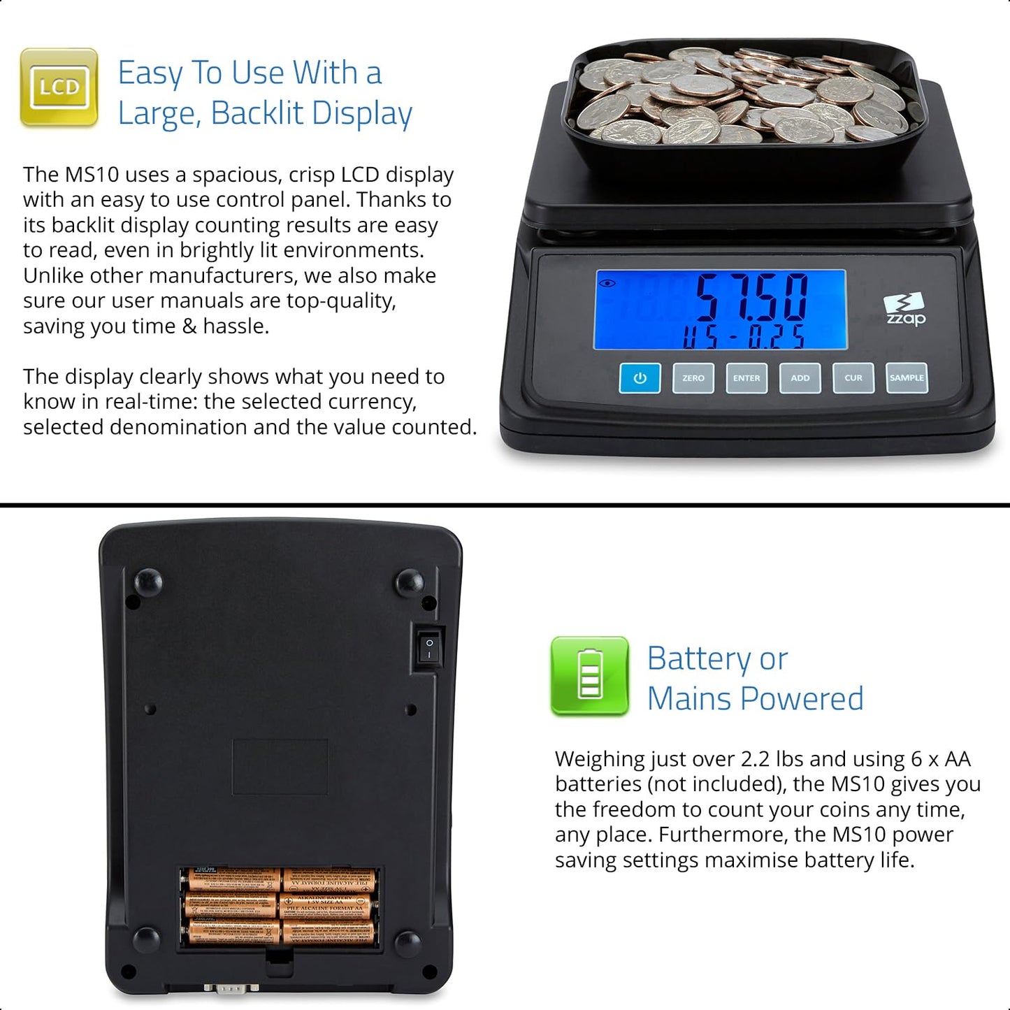 ZZap MS10 Coin Counting Scale - Money Cash Currency Weighing Machine