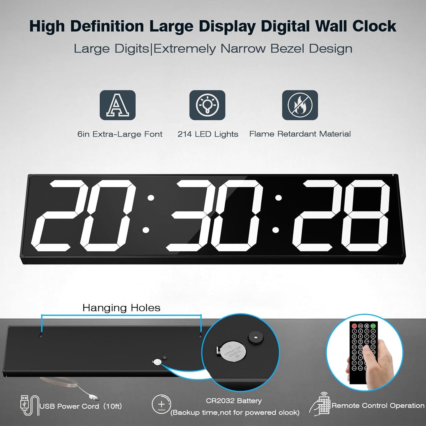 Digital Wall Clock with Large Display, 28.4‘’LED 6-Digit Large Clock with Adjustable Brightness, Multifunction Digital Timer with Countdown and Stopwatch (White)