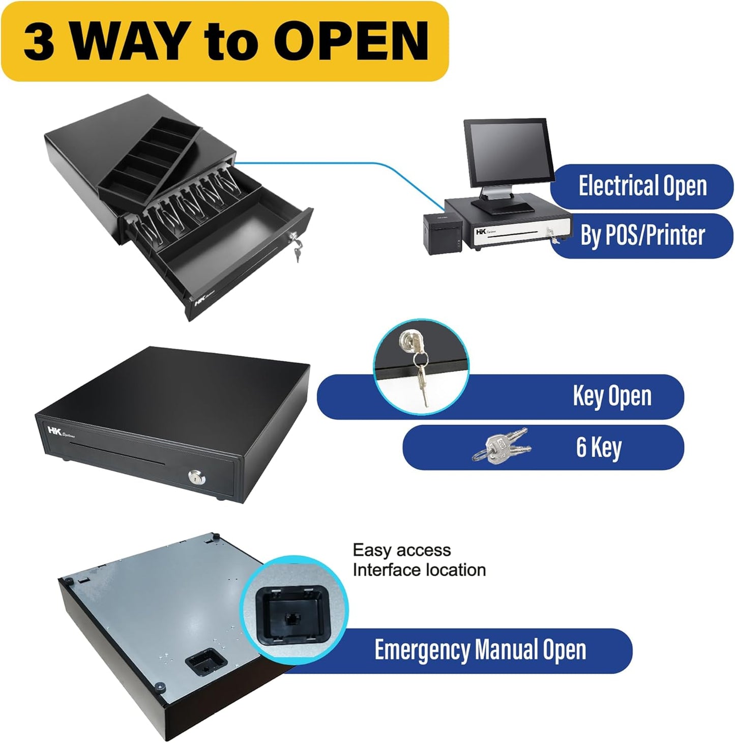 HK SYSTEMS 16" Heavy Duty Black POS Cash Drawer with 5Bill/5Coin, Removable Coin Compartment ONLY, 24V, RJ11, Single Large Front Media Slots, Black