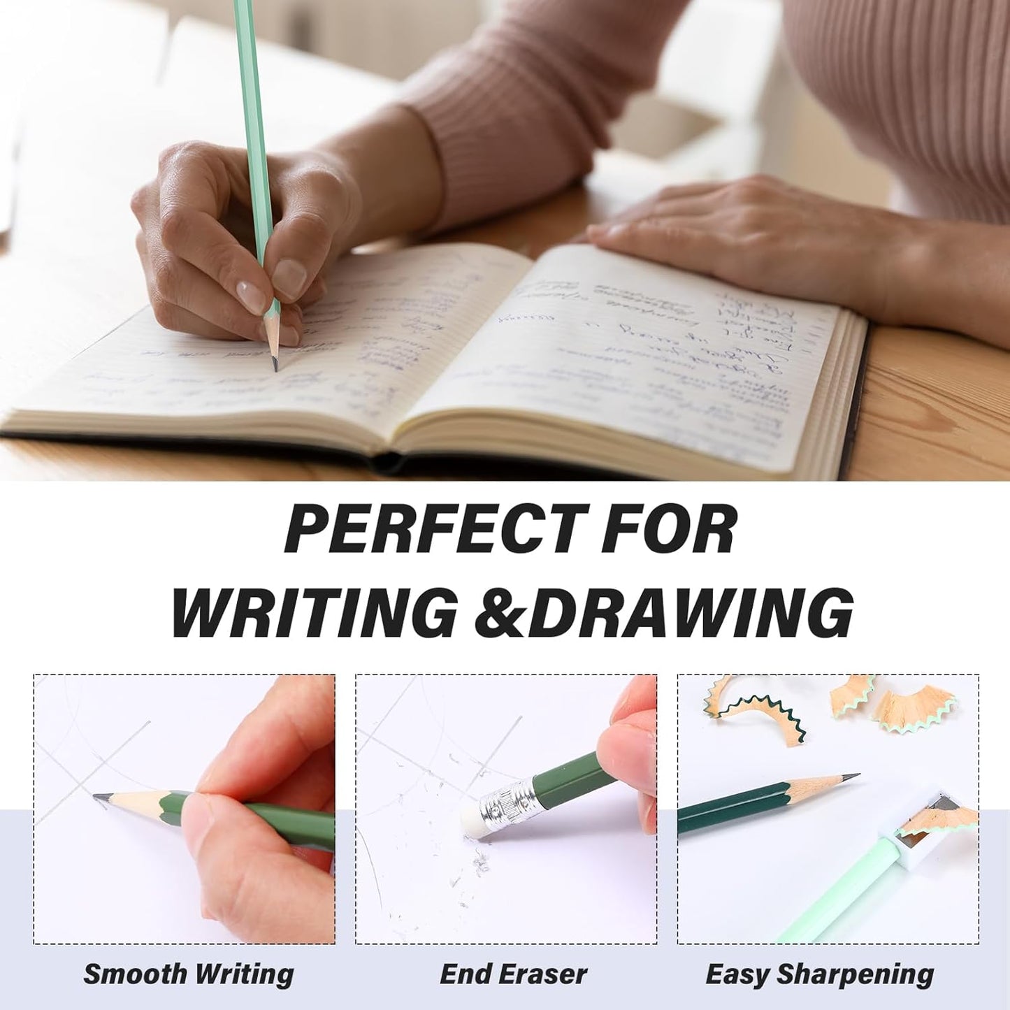 TecUnite 60 Pcs HB Pencils #2 Unsharpened Wood Cased Pencils with Eraser Hexagonal Pencil Cute Graphite No 2 Pen for Adults Gifts Exam School Office Sketching Learning(Green Series, White)