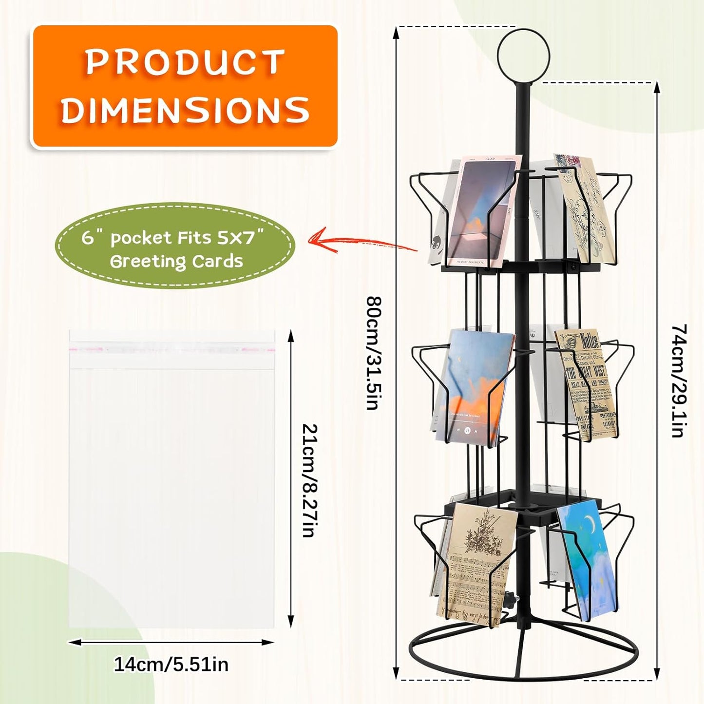 Nuanchu 12 Pockets Greeting Card Display Stand Countertop Rotating Greeting Card Rack with 200 Clear Resealable Bags 3 Tier Metal Display Stand Spinning Holder for Stickers Showcase Postcard(Black)