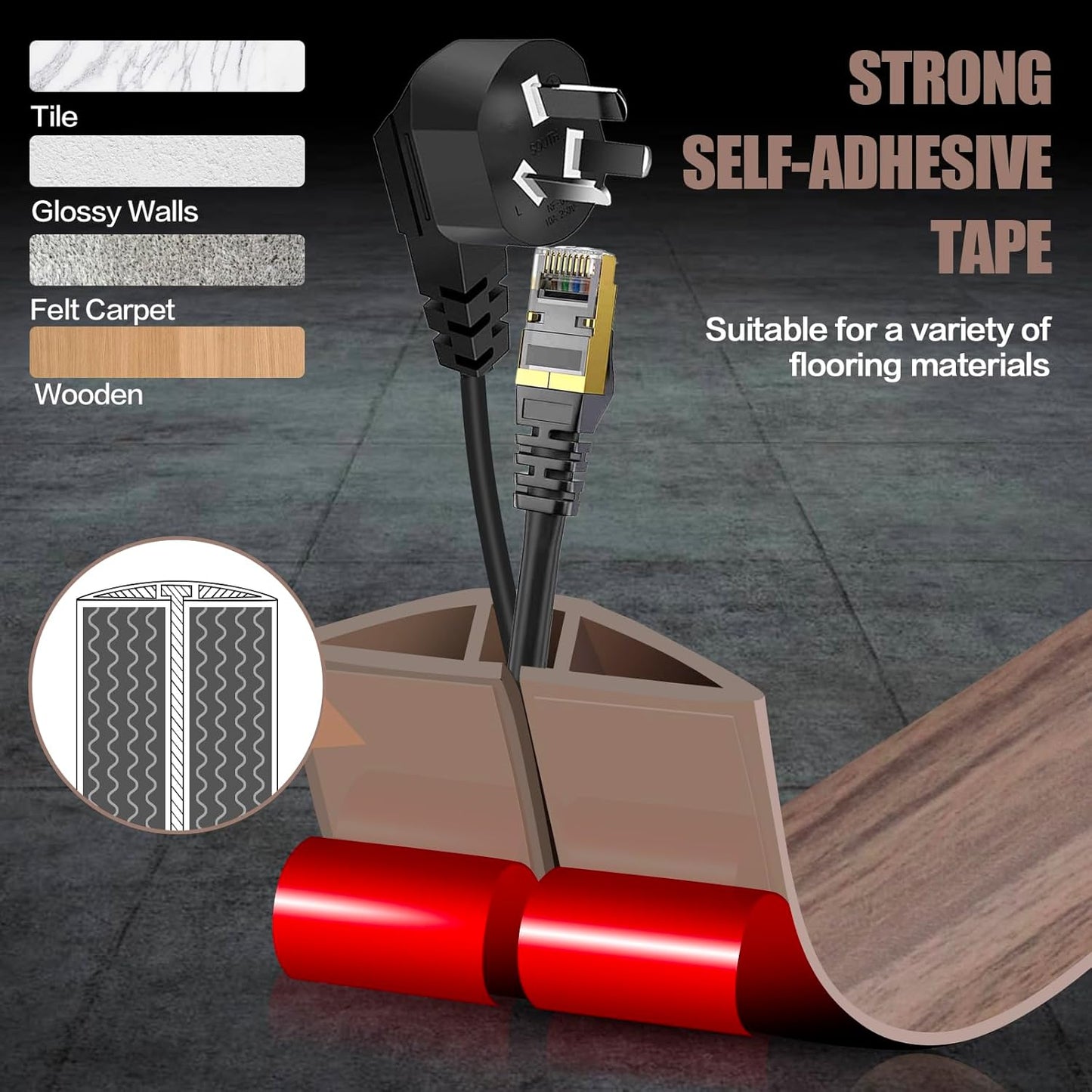 Floor Cord Cover Self Adhesive Cord Hider,10FT Cable Management, Extension Strip Protector for Wires, Prevent Cable Trips for Offices, Gyms, Exhibitions Cavity:0.3"(W) x 0.28"(H) Wood Walnut