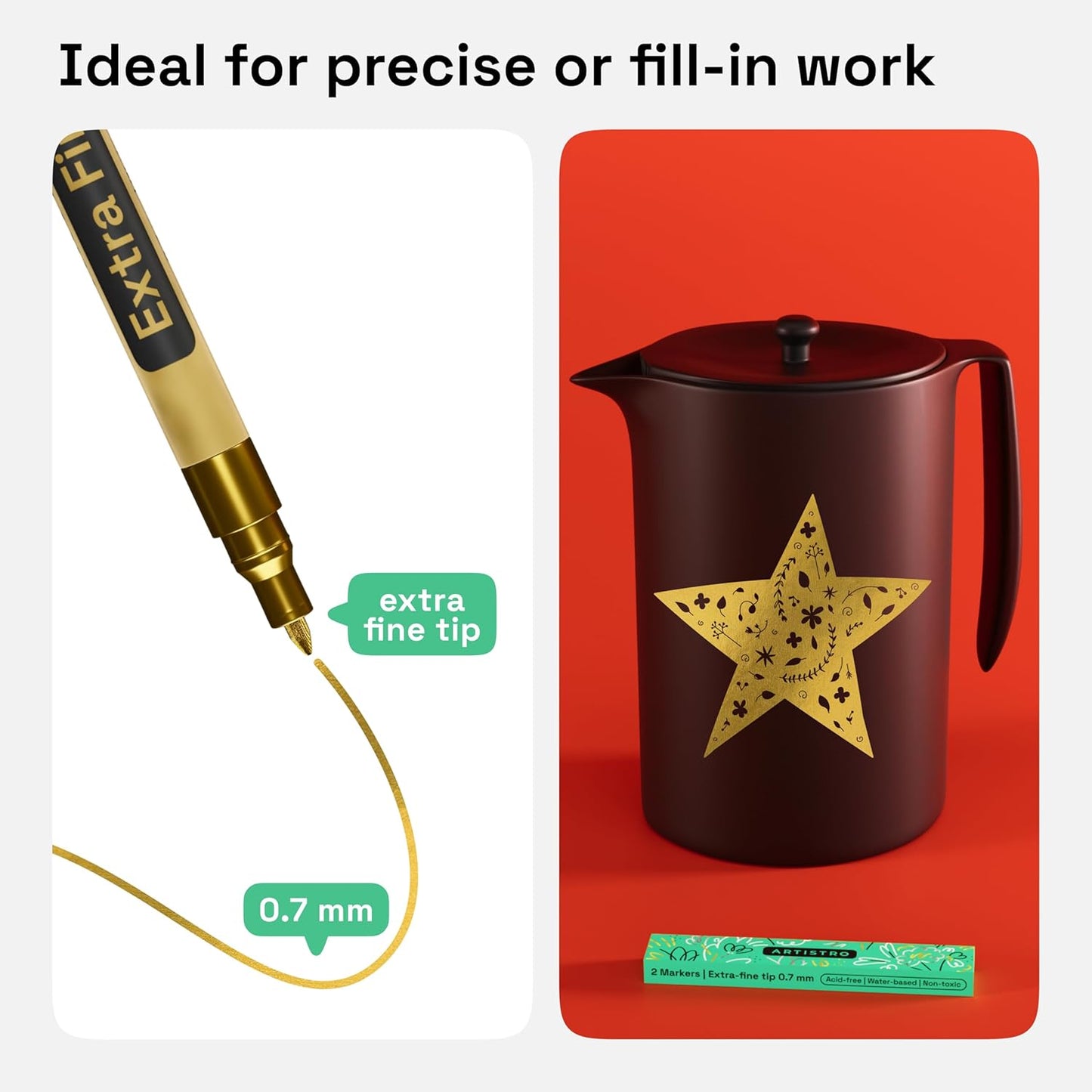 ARTISTRO 2 Gold Acrylic Paint Markers - 0.7mm Extra Fine-Tip Metallic Paint Pens - Perfect for Crafting, Art Projects, & More