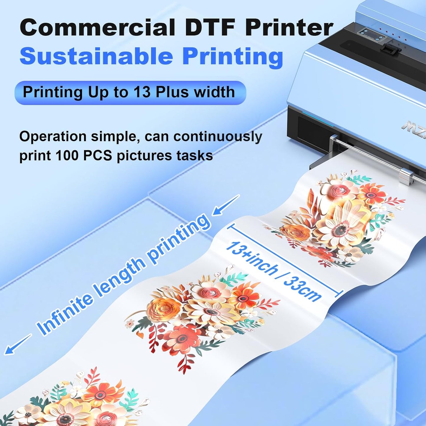 MZK A3 Plus DTF Printer XP600 Doubled-Speed,13+" DTF Film,Built-in Holiday Automatic Timed Cleaning Printhead,LED Multi-Function Fouch Screen,Film Cutter,White Ink Circulation,Gift Ink 2 Year