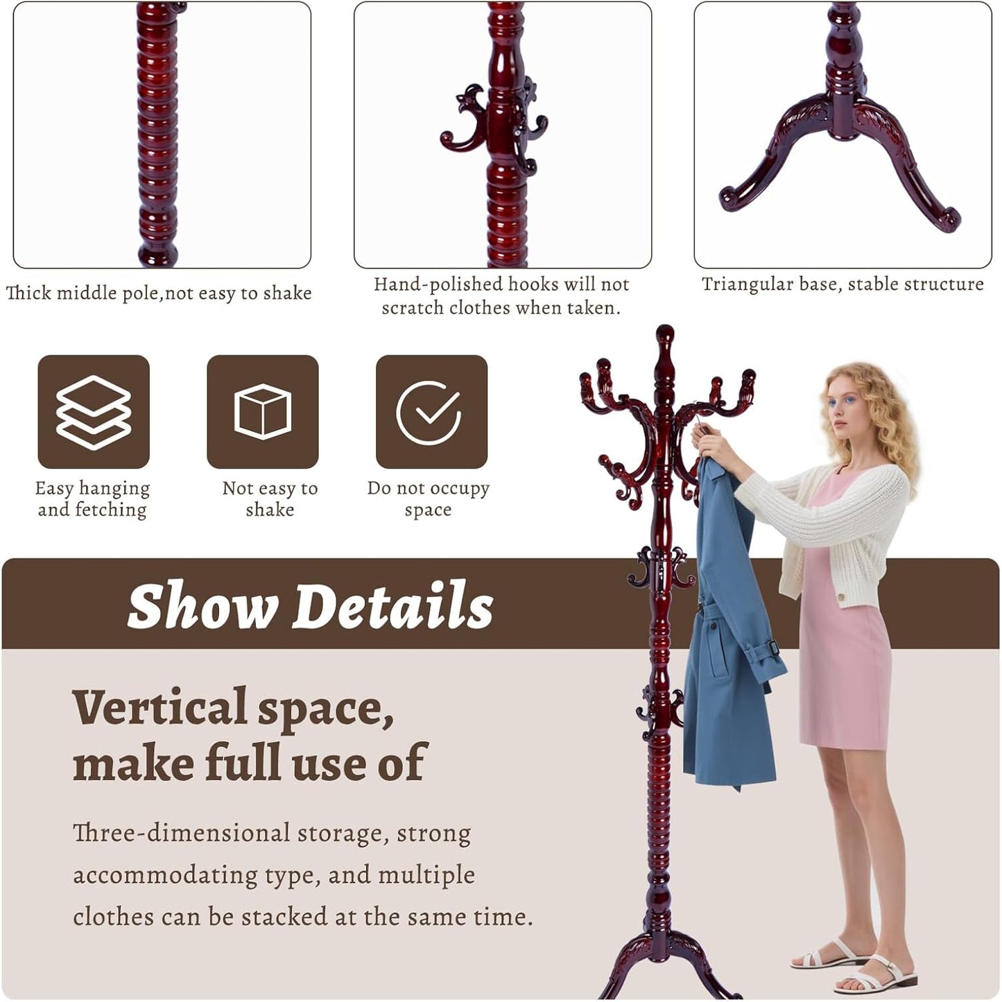 Wooden Coat Rack Freestanding with Resin Hooks, Adjustable Heavy Duty Stand for Hanging Coats, Bags, Hats, and Umbrellas in Living Room, Bedroom, Entryway (Tripod-Rosewood color)