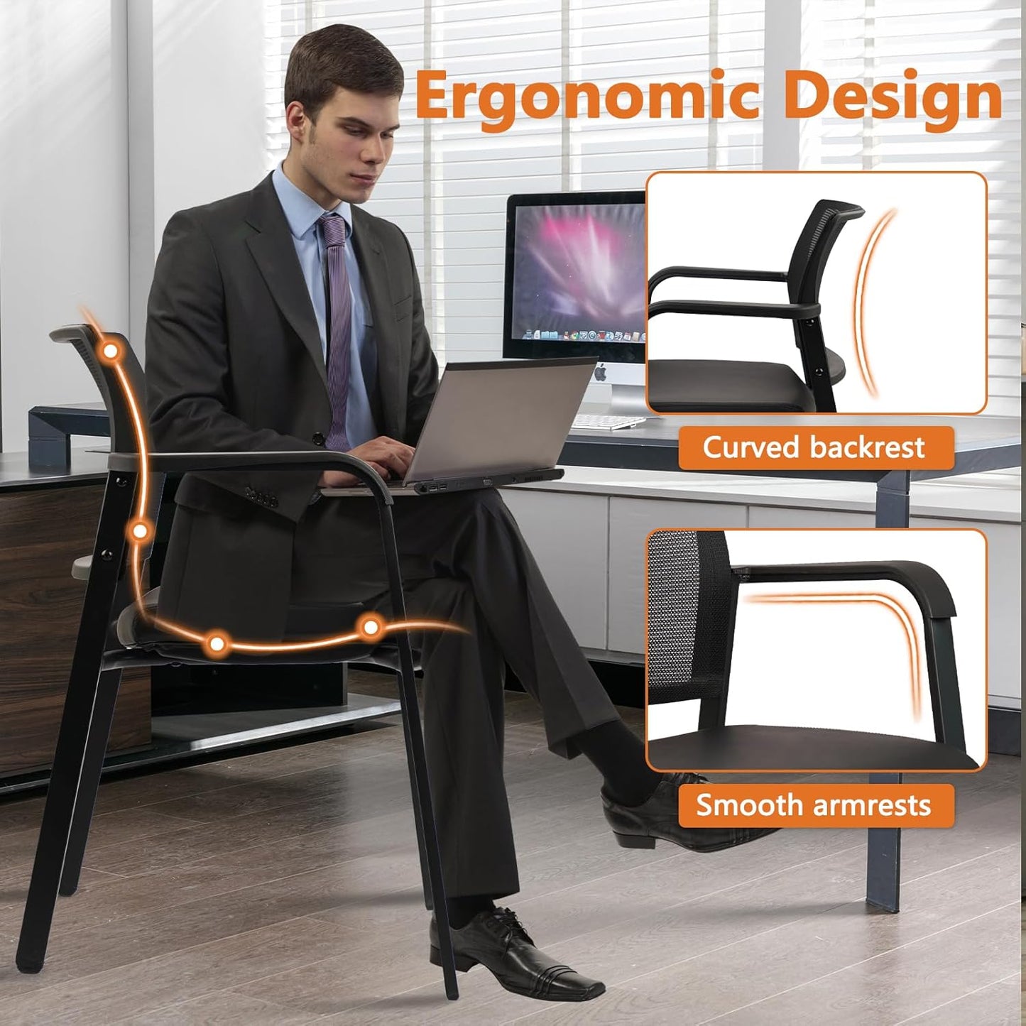 CLATINA Stackable Office Chair, Mesh Back Guest Chairs with Comfortable Leather Seat Arms Stacking Ergonomic Desk Chair No Wheels for Conference Waiting Reception School Side Stationary, Black