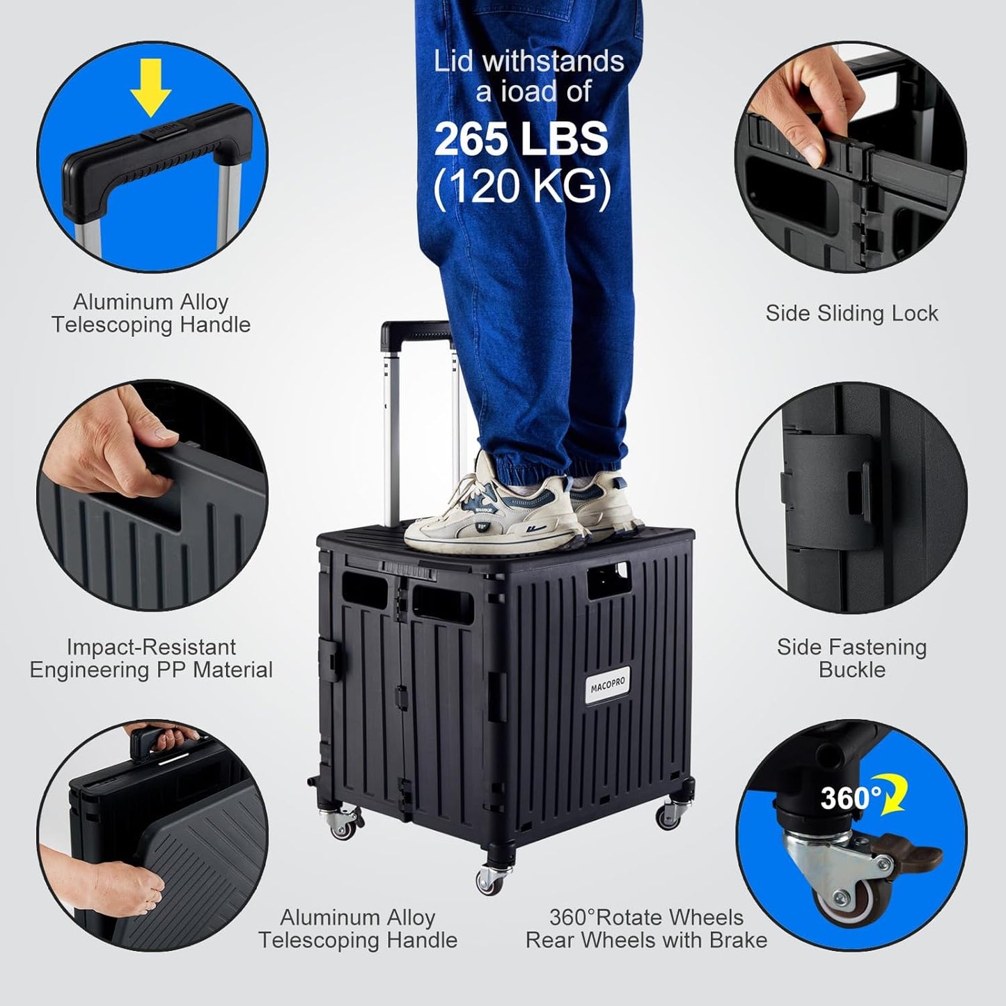 Folding Utility Cart Portable Rolling Crate Handcart Shopping Trolley Collapsible Tool Box, with Lid, Basket on 4 Rotate Wheels, for Grocery, Office, Luggage, Teacher (Black)