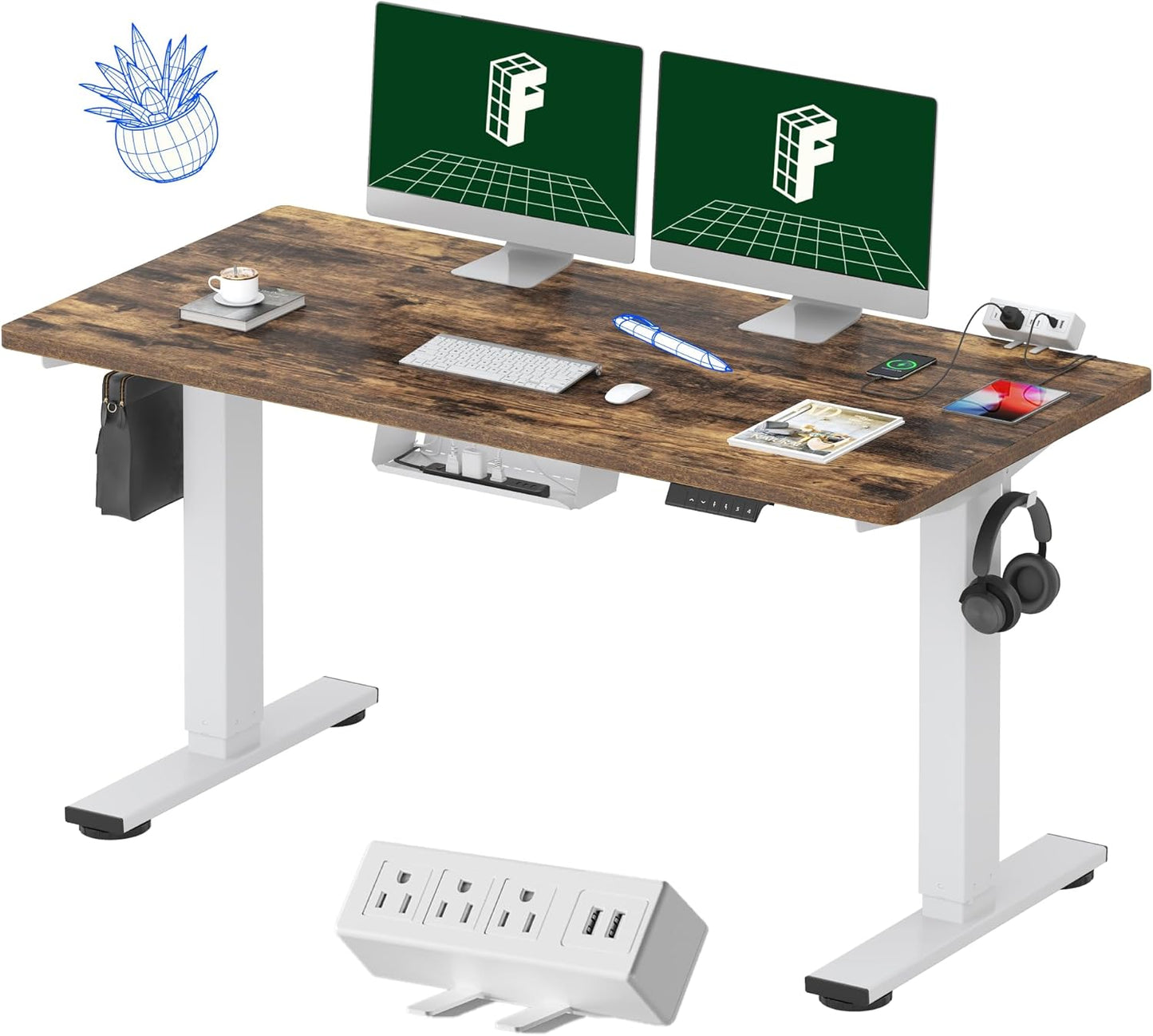 FLEXISPOT EN2 Whole-Piece Standing Desk with Clamp Power Strip, 55 x 28 Electric Stand Up Height Adjustable Desk with Cable Management (White Frame + 55" Rustic Brown Desktop, 2 Packages)