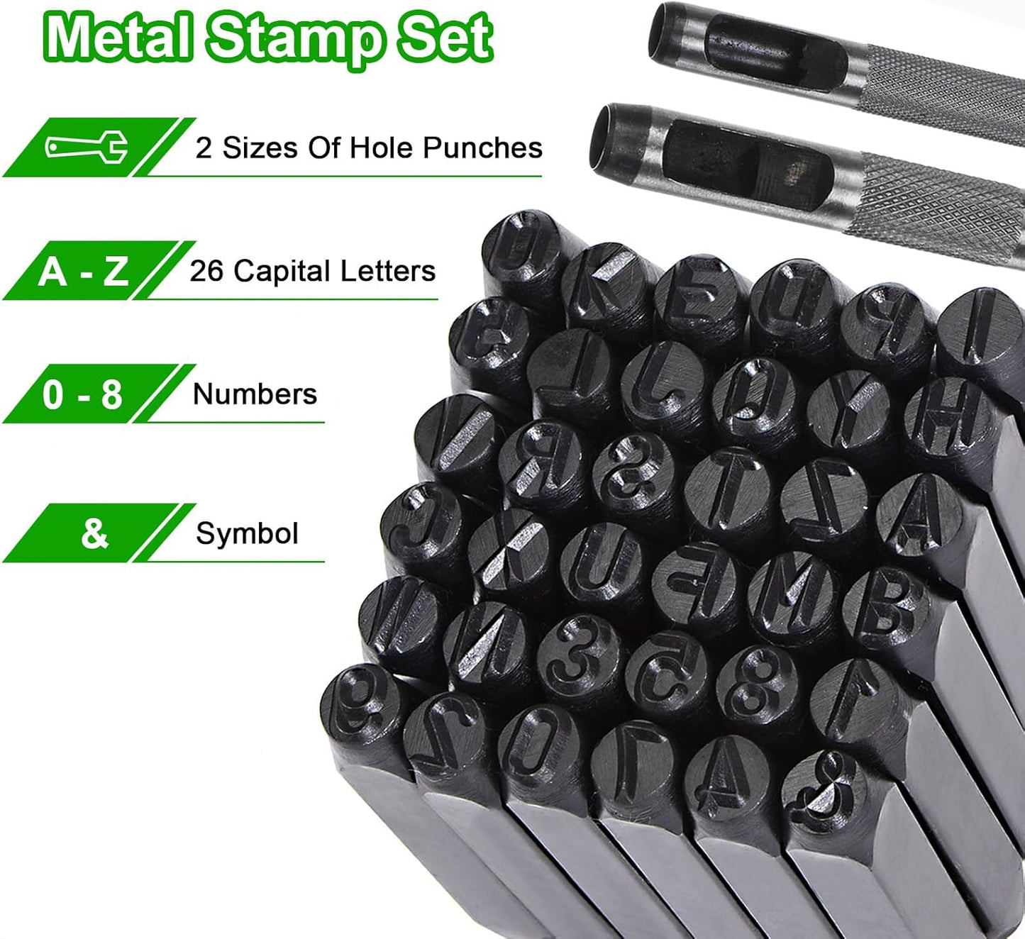 HARFINGTON 36pcs Metal Stamping Kit 25/64" (10mm) (A-Z, 0-8, "&" Symbol) Steel Letter Punch Press Tool with Hole Punch to Stamp on Metal, Plastic, Wood, Leather, Black