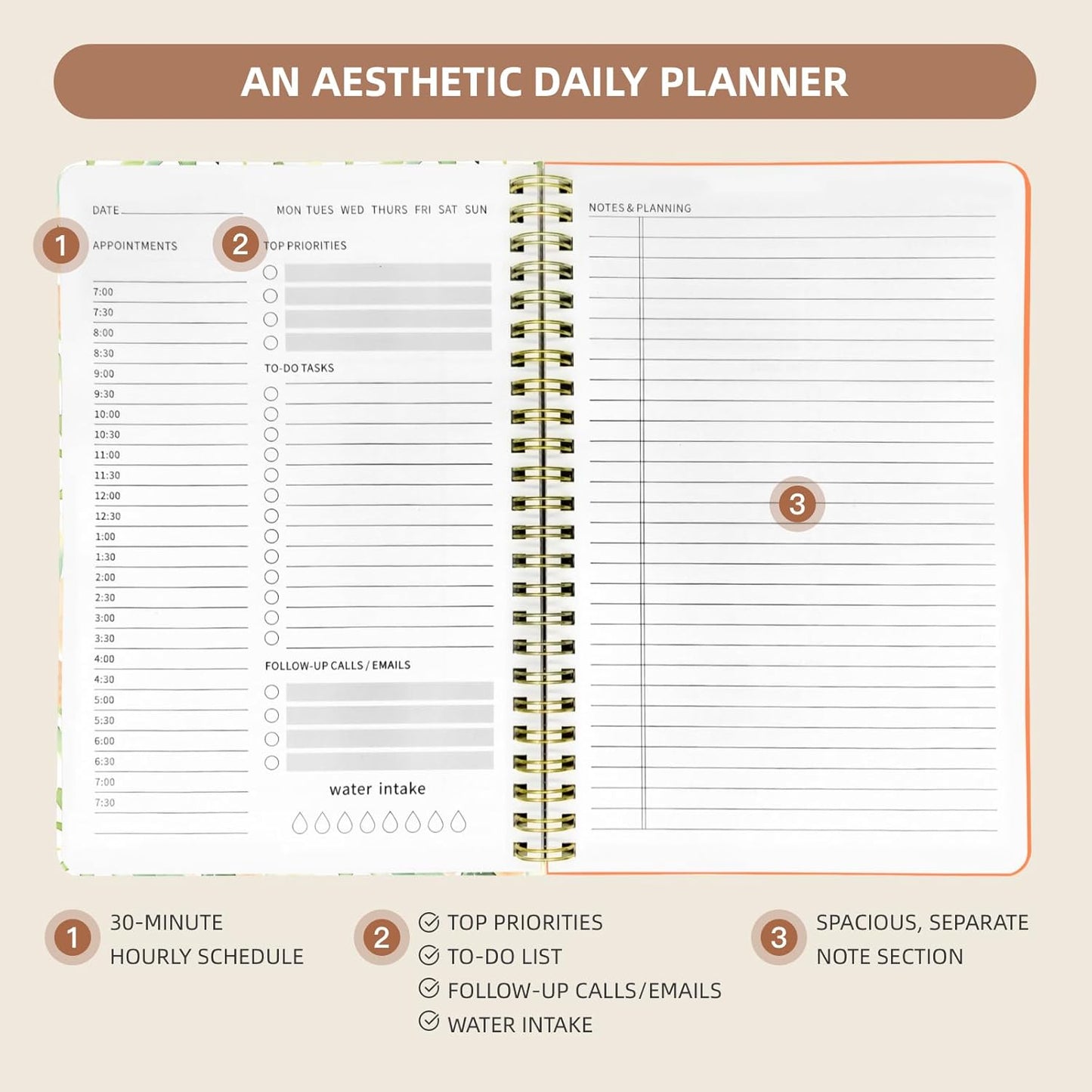 Undated Daily Planner - Spiral Notebook 80 Days One Day Per Page, Hourly Schedule, To-Do List, Notes, Everyday Planning Task, A5 Hardcover Journal Organizer Book Women Cute Aesthetic, Summer