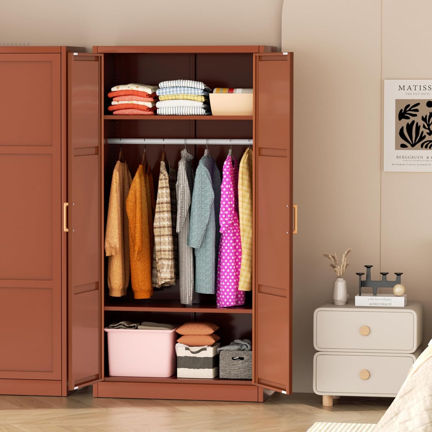 Greenvelly Metal Wardrobe Cabinet with Wooden Handle, 72" Metal Wardrobe Closet with Hanging Rods and Adjustable Shelves, Clothing Storage Closet Cabinet for Home, Office, Employee, Gym (Brown)