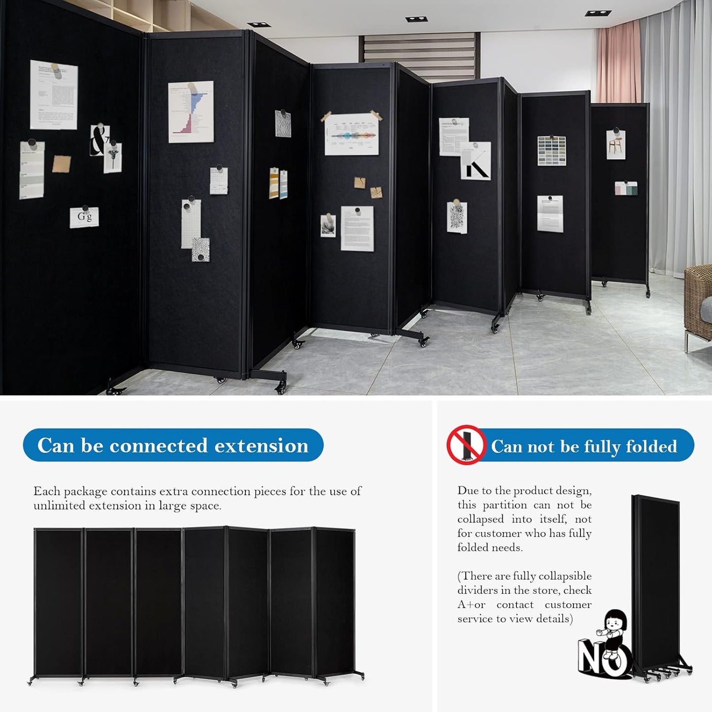 Room Partition,Office Divider,Portable Commercial Screen Dividers,Privacy Partition Separator,Classroom School Dividers, 12'7"L* 6'7"H,6 Panel,Black