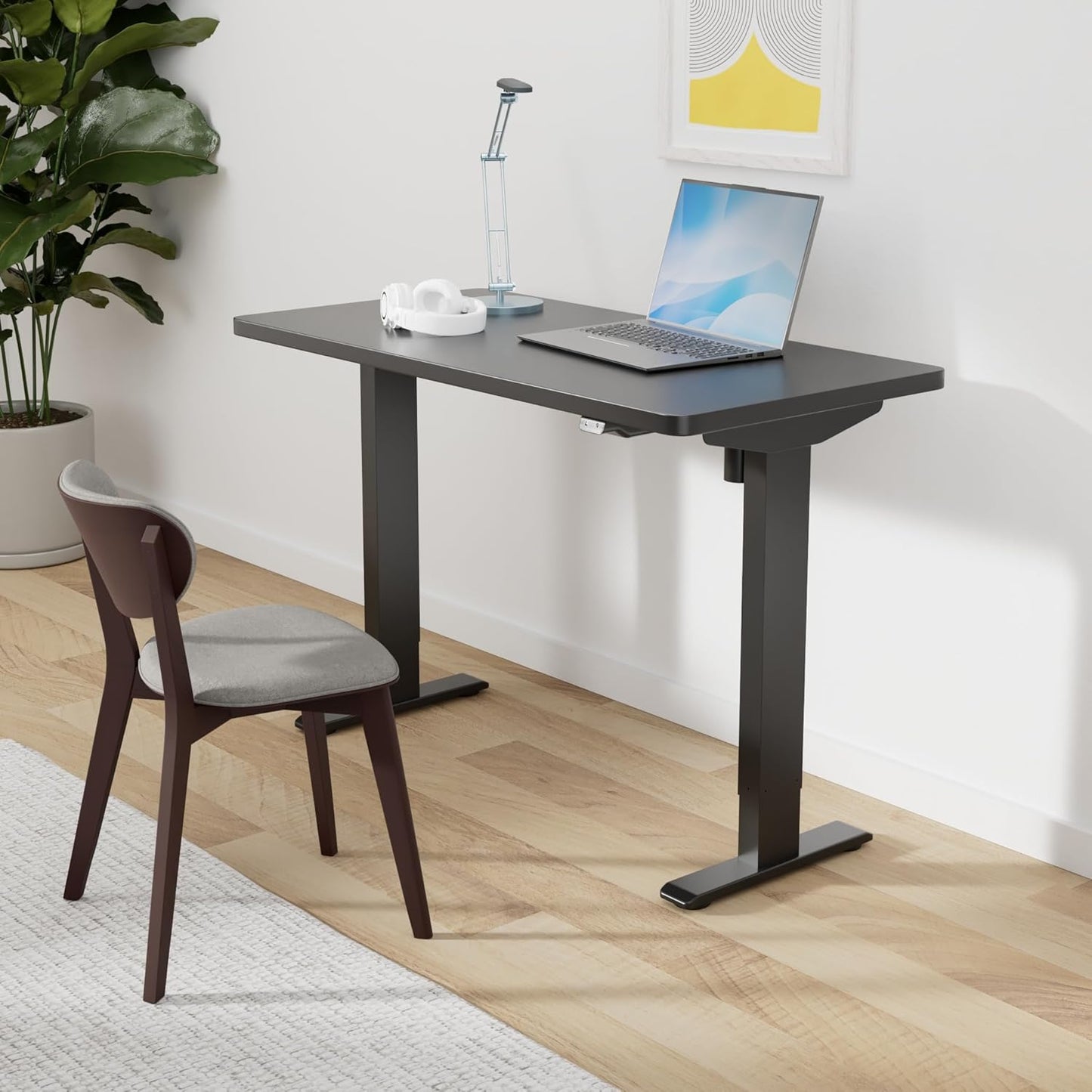 SANODESK Electric Standing Desk 48 x 24 Inches Whole-Piece Desktop Height Adjustable Stand Up Desk w/6-Button Controller Ergonomic Computer Desk for Home Office, Black Frame + Black Tabletop