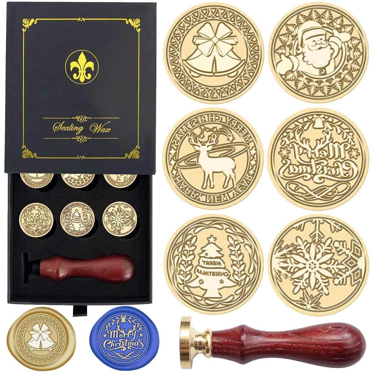 Christmas Wax Seal Stamp Hot Stamping Gift Box Set, 6 Pcs Sealing Wax Stamps Copper Seals 1 Wooden Hilt, Wax Stamp Kit for Cards Envelopes, Gift Packaging (Christmas Series)