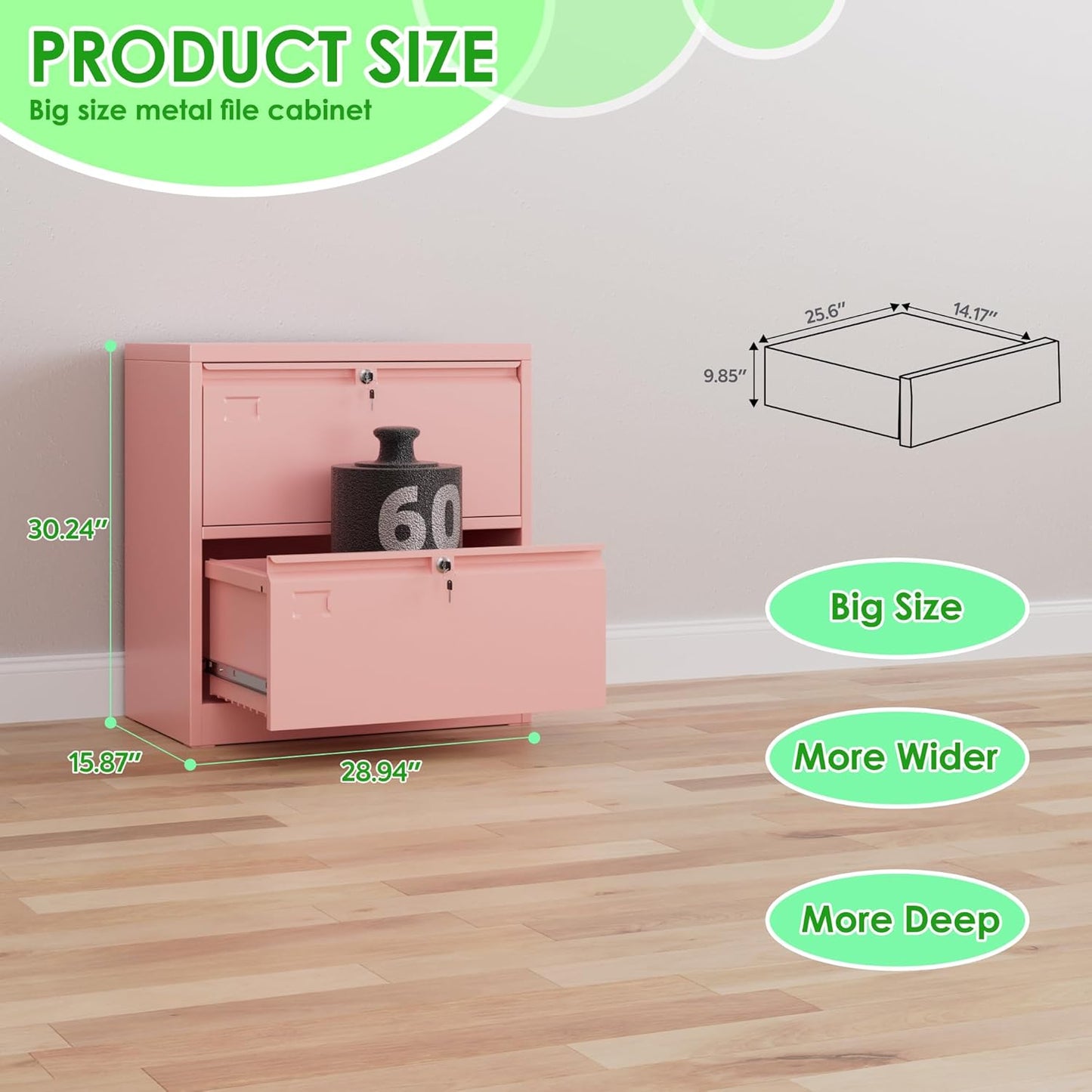 Metal 2 Drawer Lateral File Cabinet with 2 Lock - Wide Filing Cabinet for Letter/Legal/F4/A4 Hanging Files - Includes Business Card Holder,Home Office School Storage,Pink